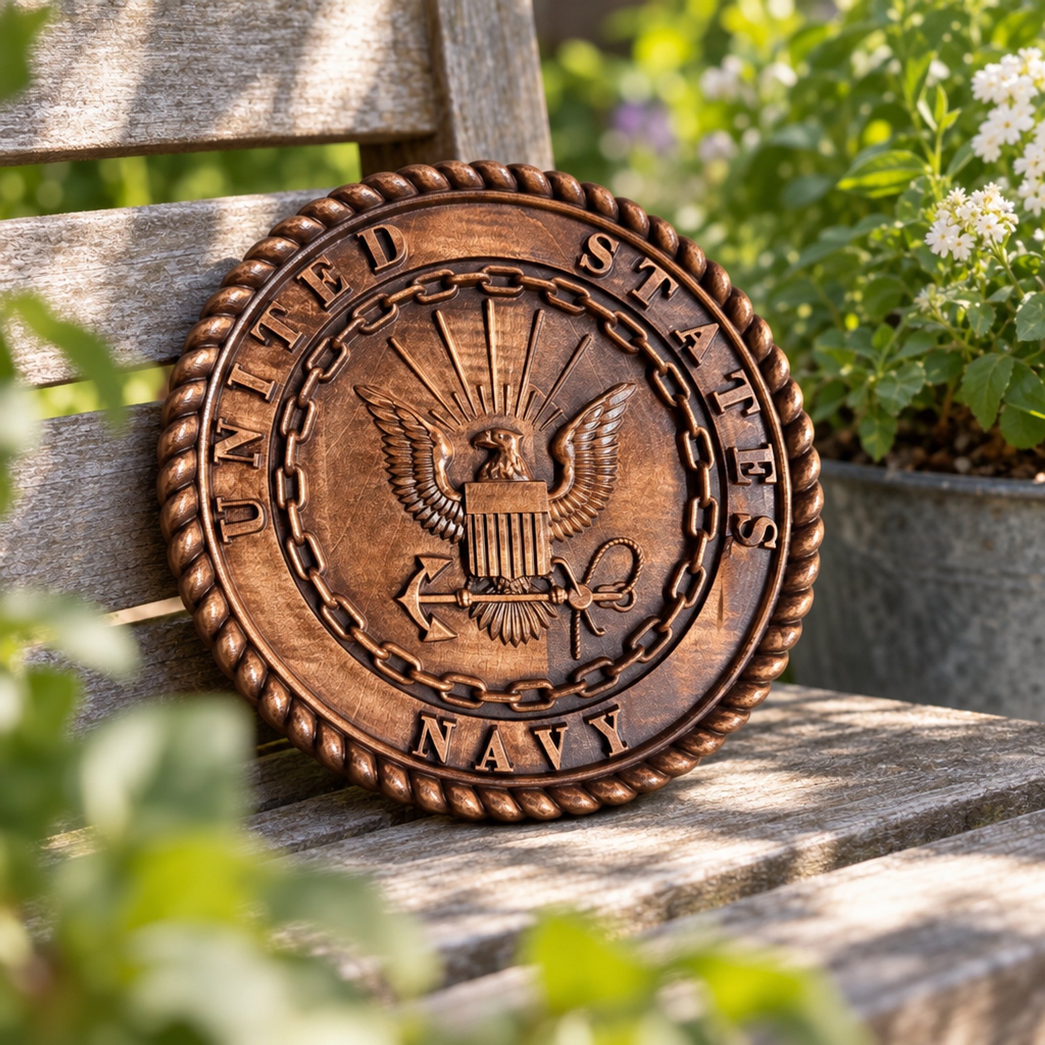 Navy plaque pictured outdoors in a garden