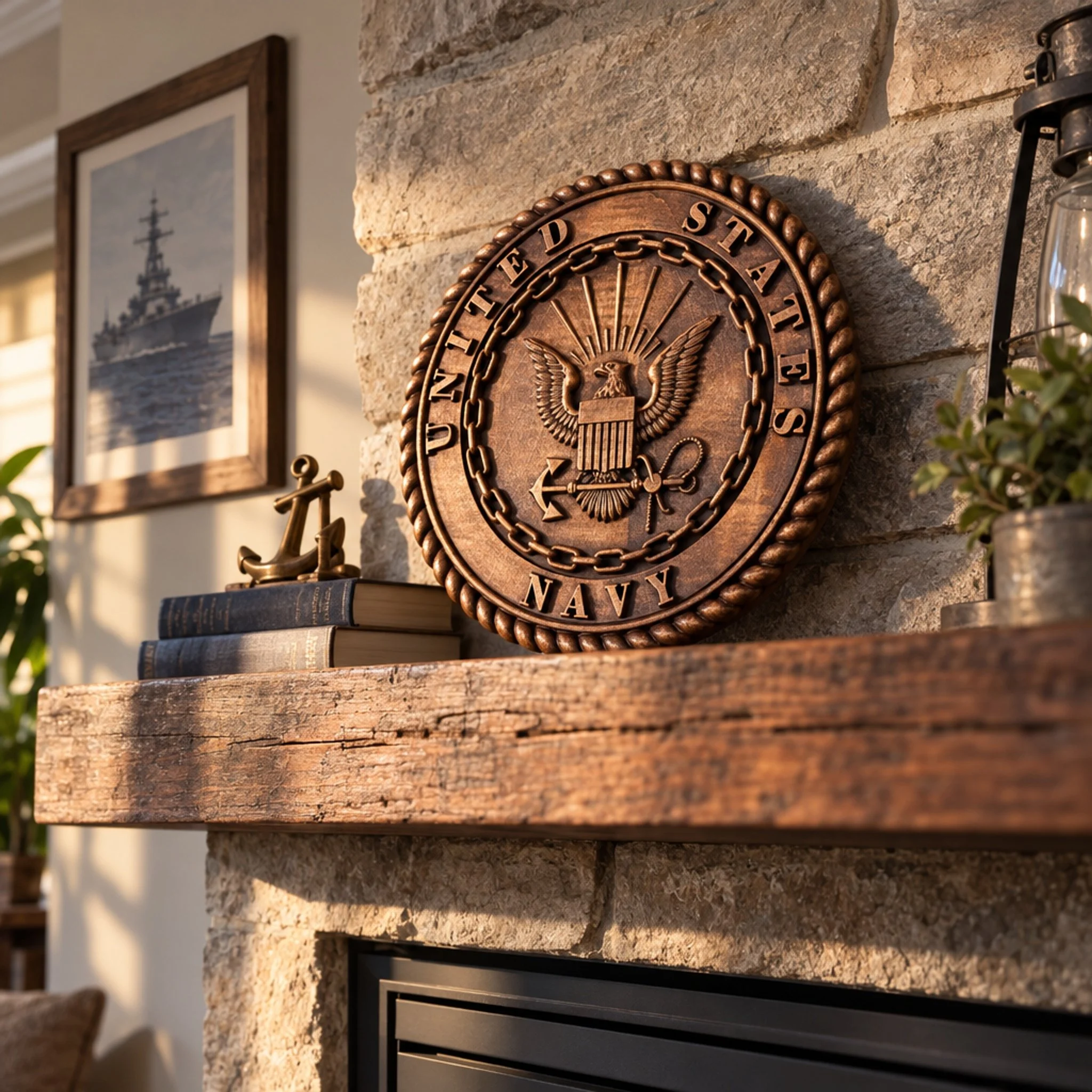 Navy plaque displayed on a mantel
