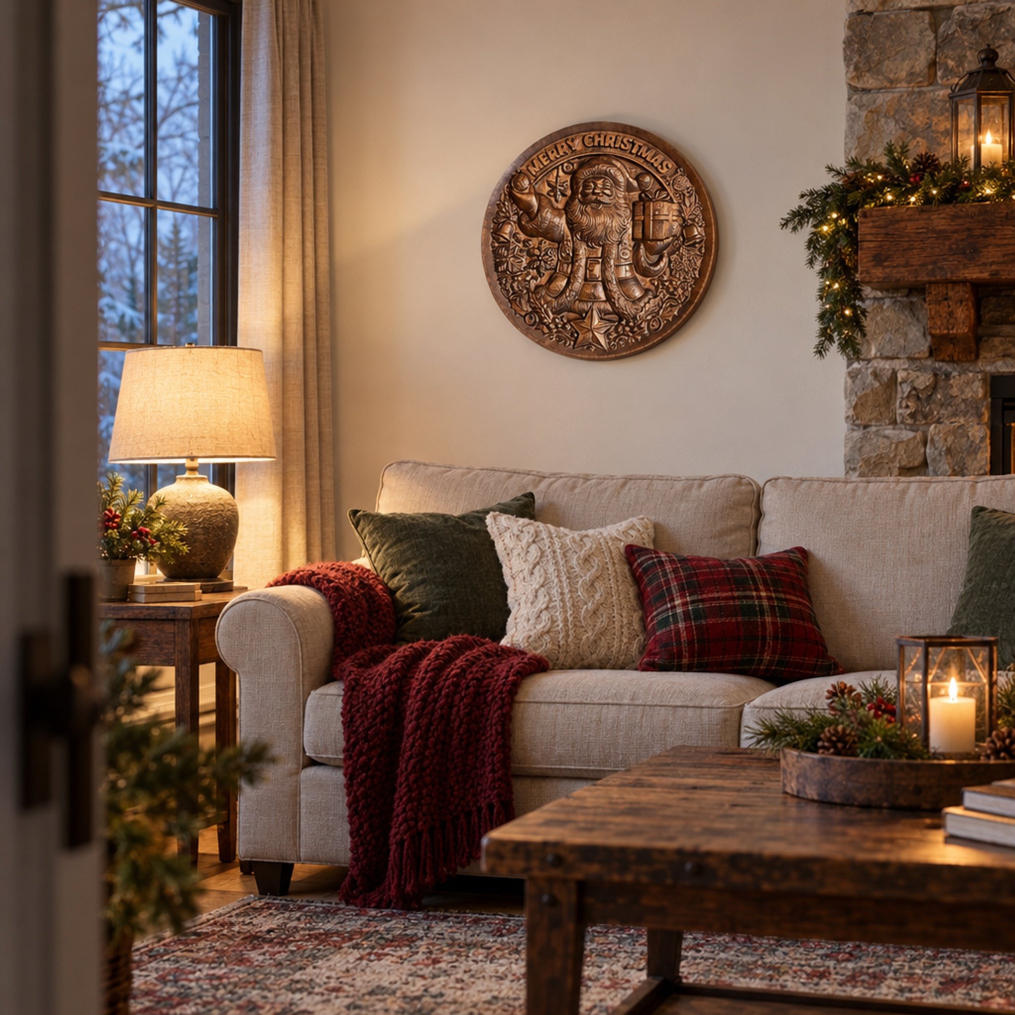 Carved Santa Christmas plaque above a sofa in a decorated living room