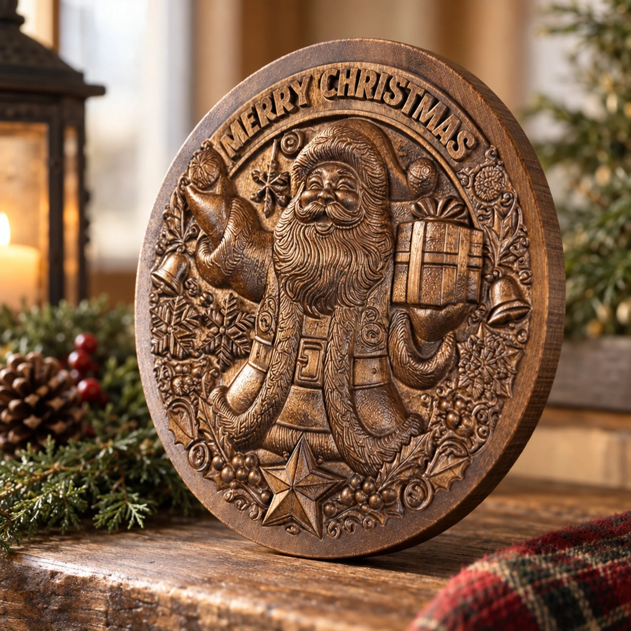Three-quarter view of carved Santa Christmas plaque with visible wooden edge