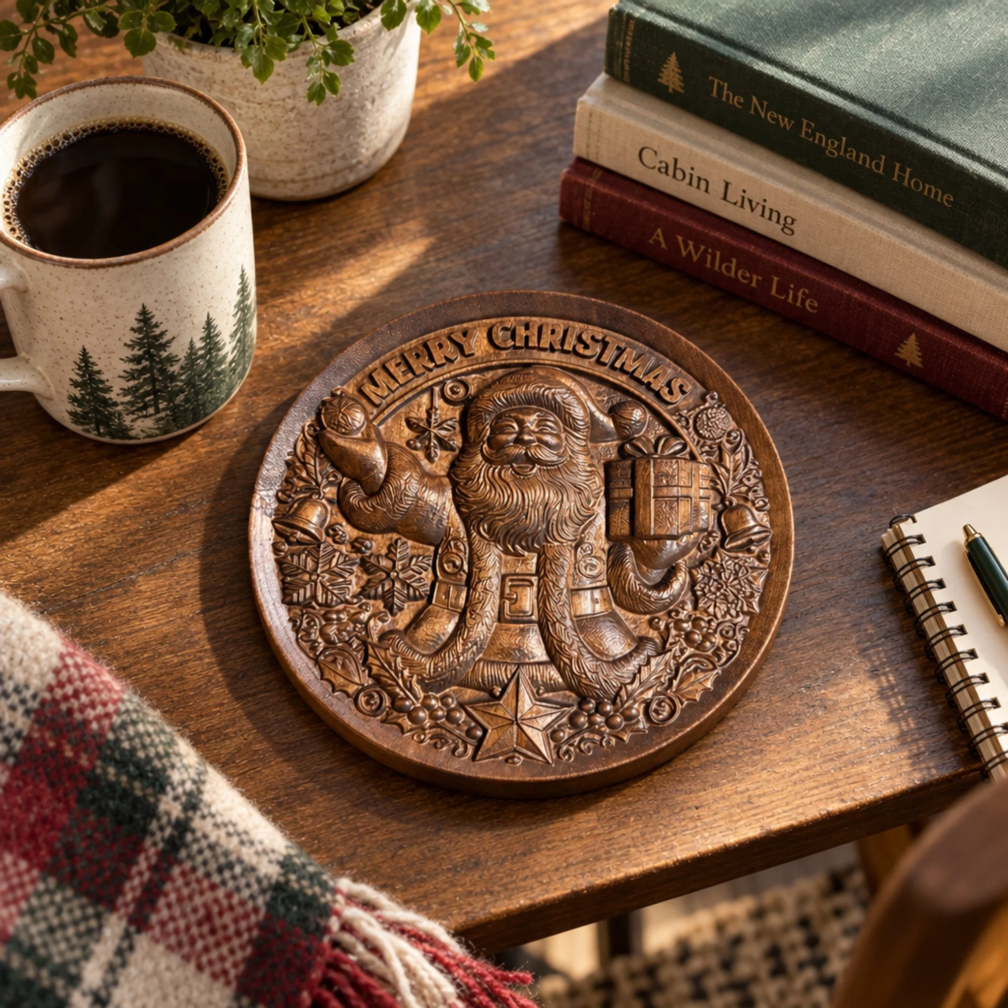 Carved Santa with gift plaque on a desk beside a coffee mug, books and notebook