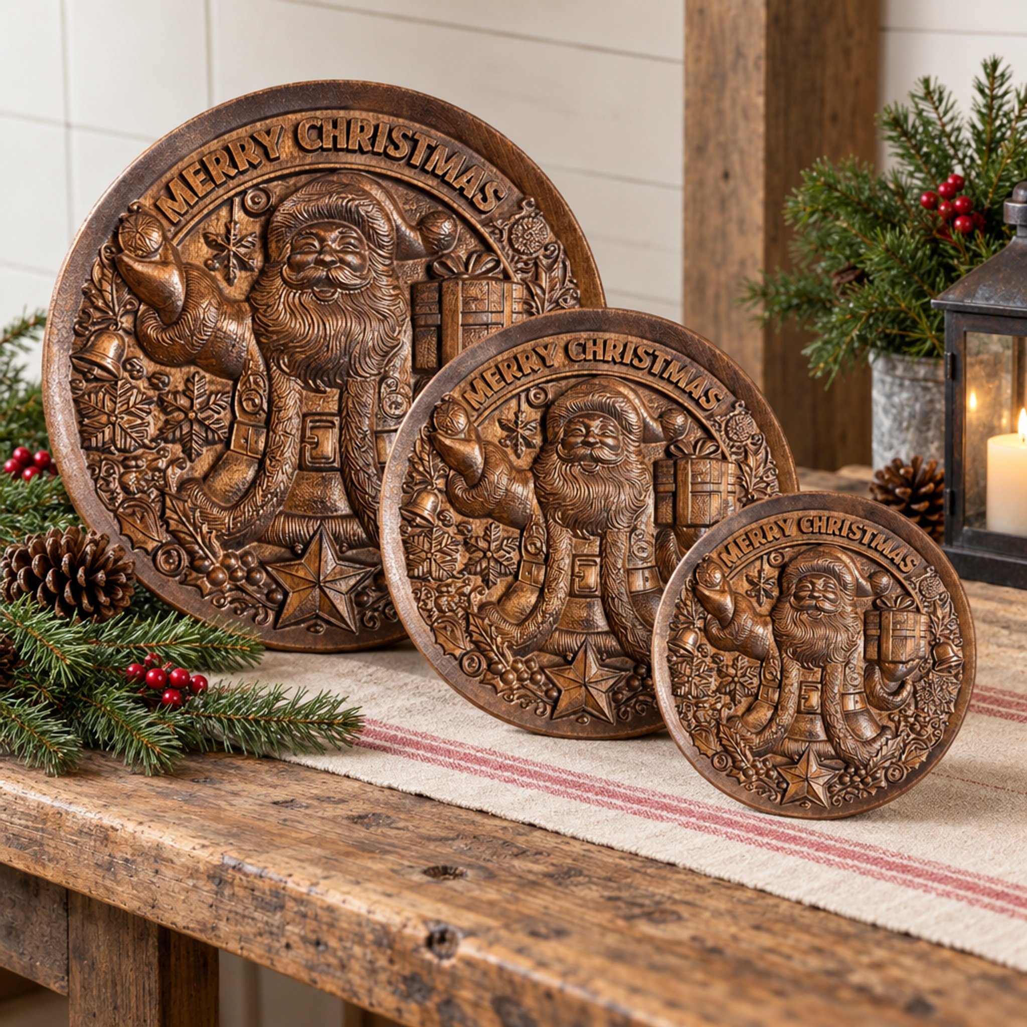 Three sizes of the carved Santa with gift Christmas plaque displayed together