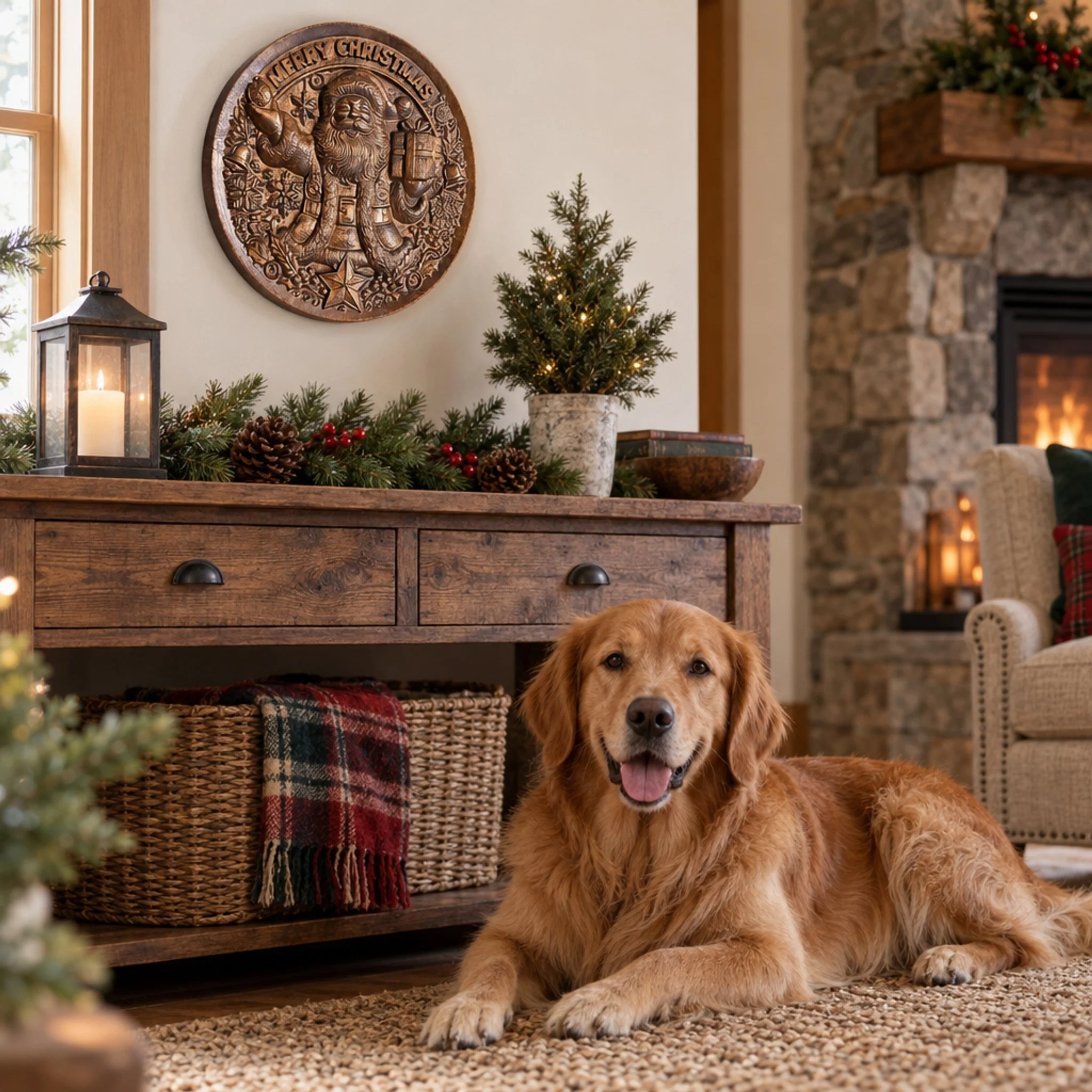 Santa Christmas plaque above a living room console with a golden retriever nearby