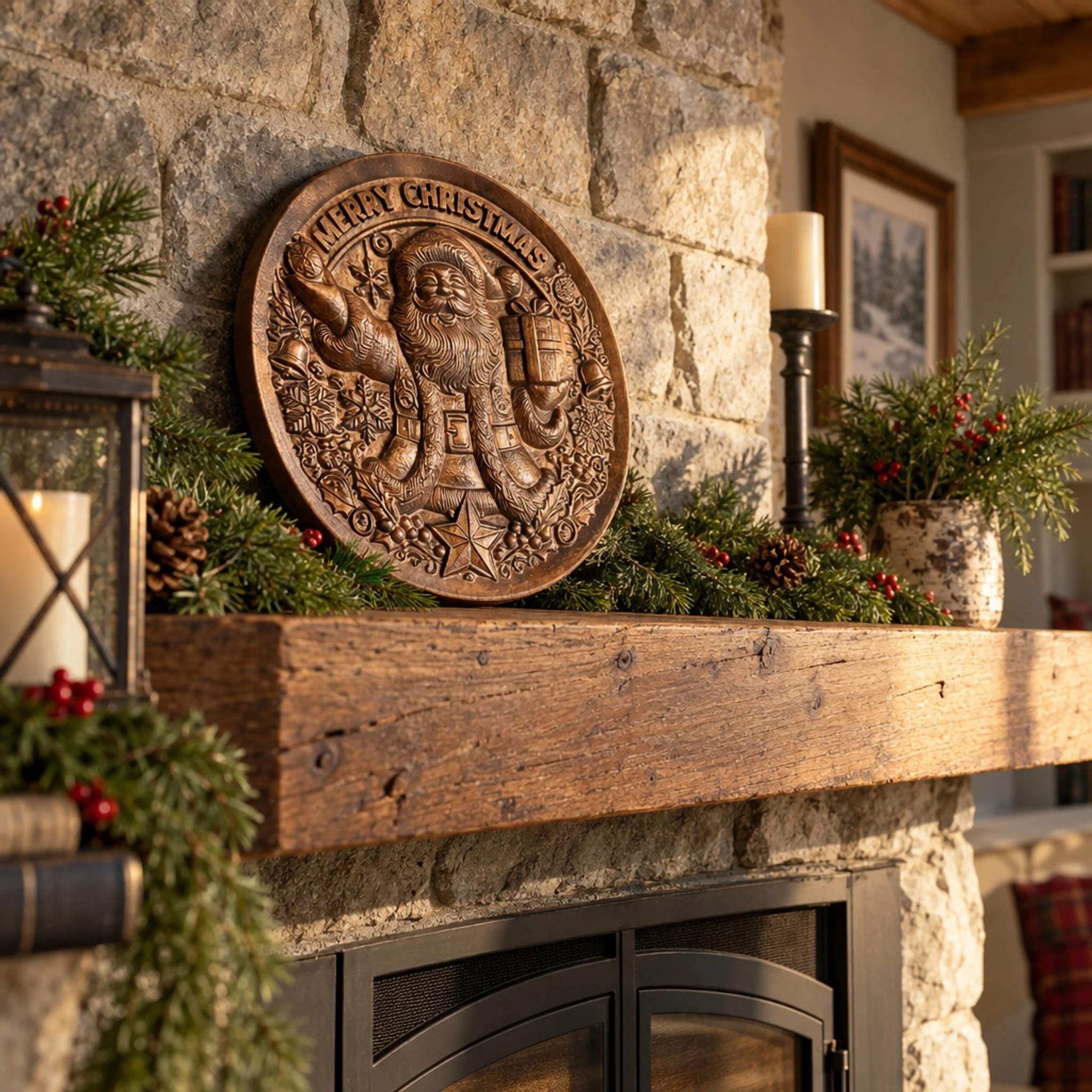 Santa Christmas plaque on a stone fireplace mantel with greenery