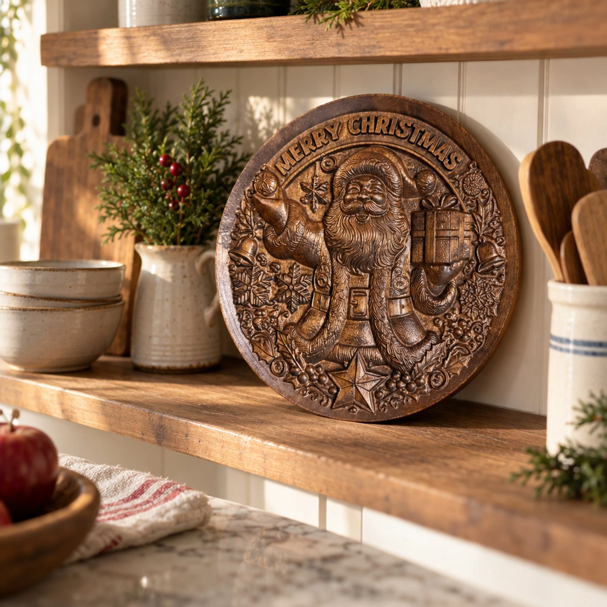 Carved Santa Christmas plaque on a kitchen shelf with greenery and dishes
