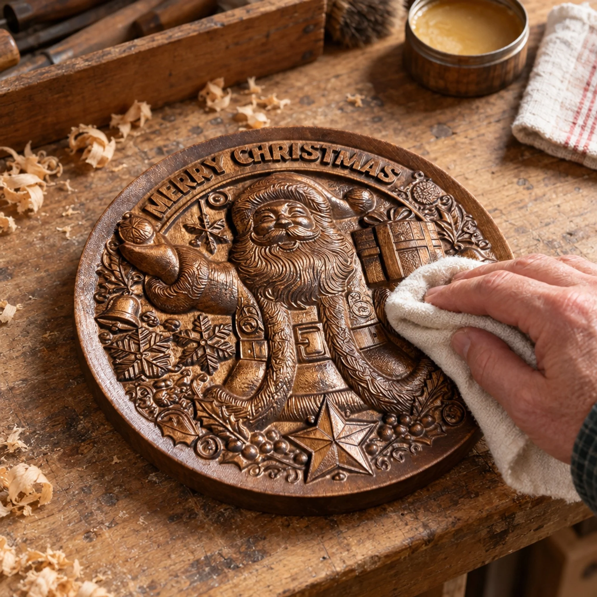 Hand wiping the carved Santa Christmas plaque with a soft cloth on a workbench