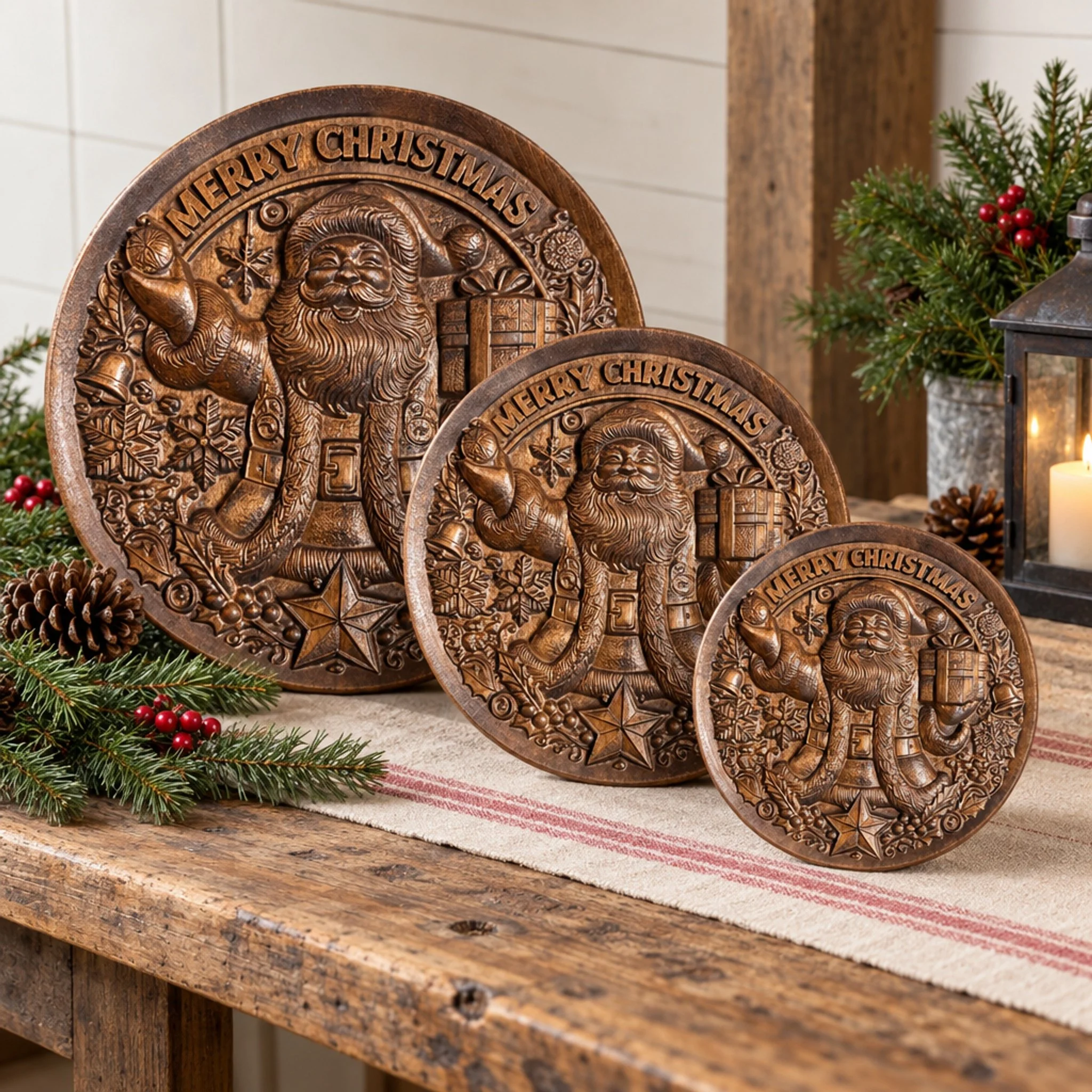 Three sizes of the carved Santa with gift Christmas plaque displayed together