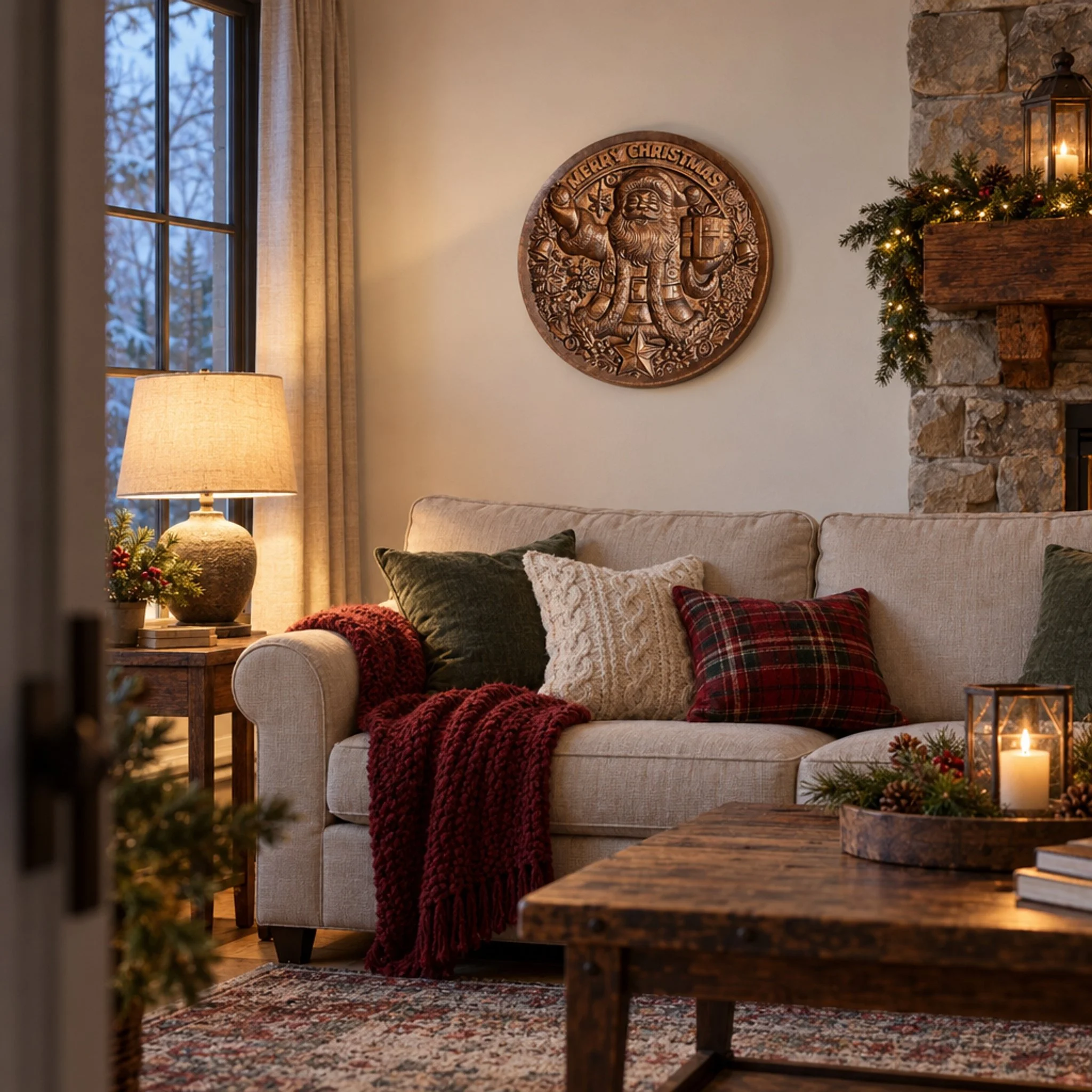 Carved Santa Christmas plaque above a sofa in a decorated living room