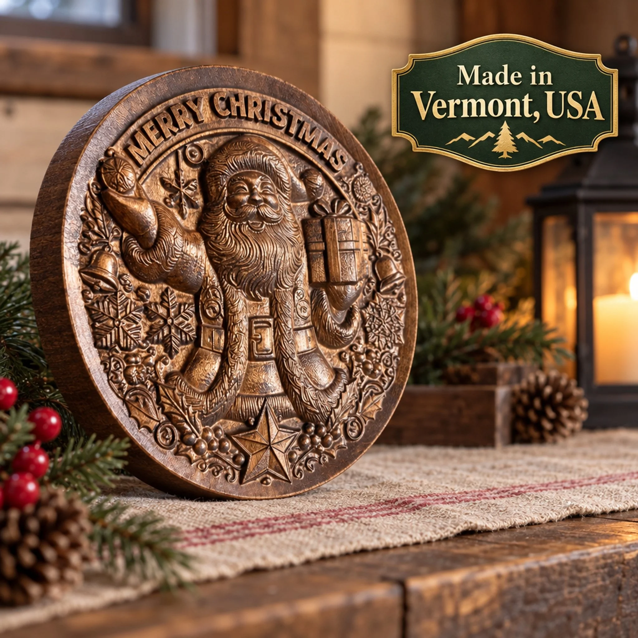 Angled dark walnut Santa with gift plaque beside a Made in Vermont, USA graphic