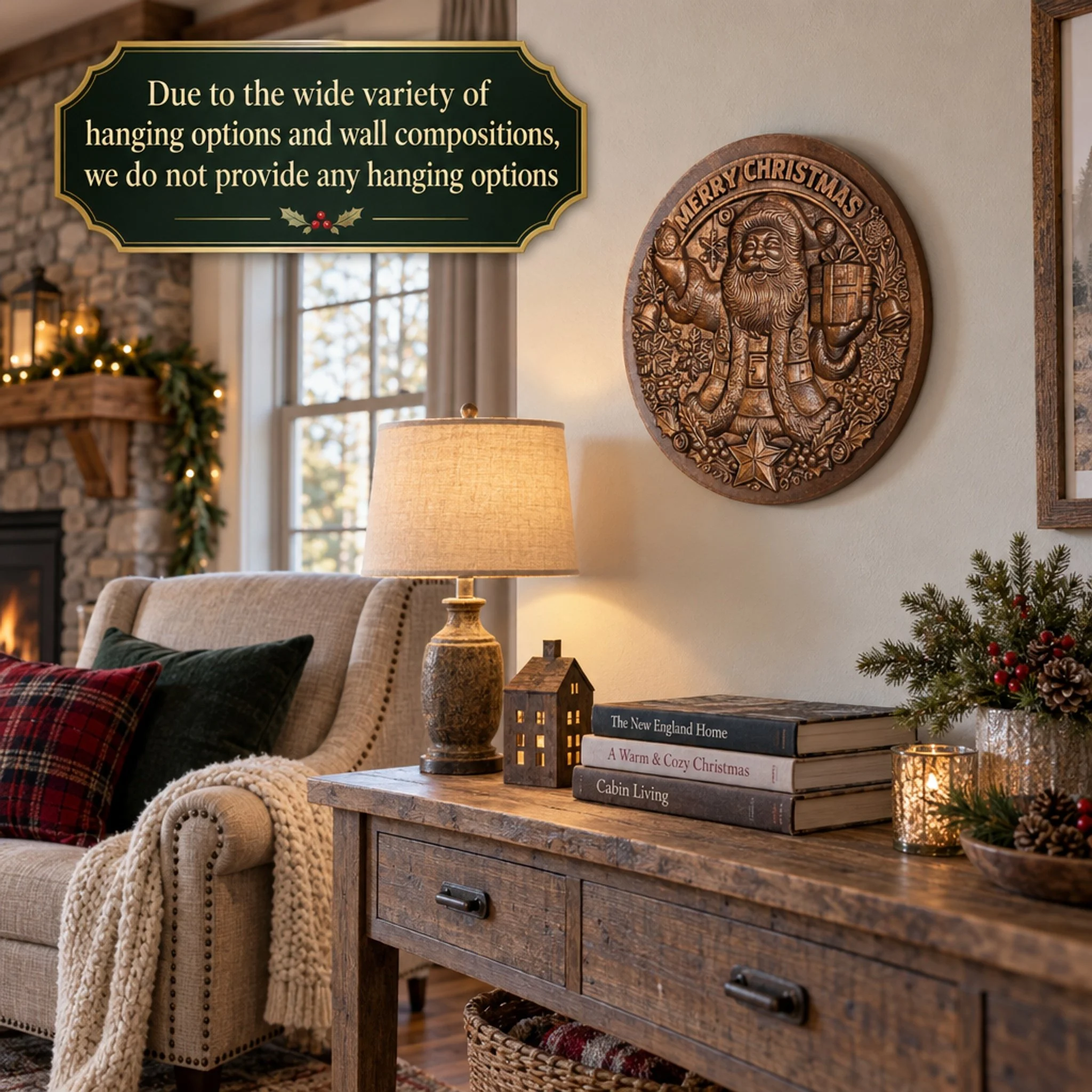 Santa Christmas wall plaque in a living room with a no hanging options notice