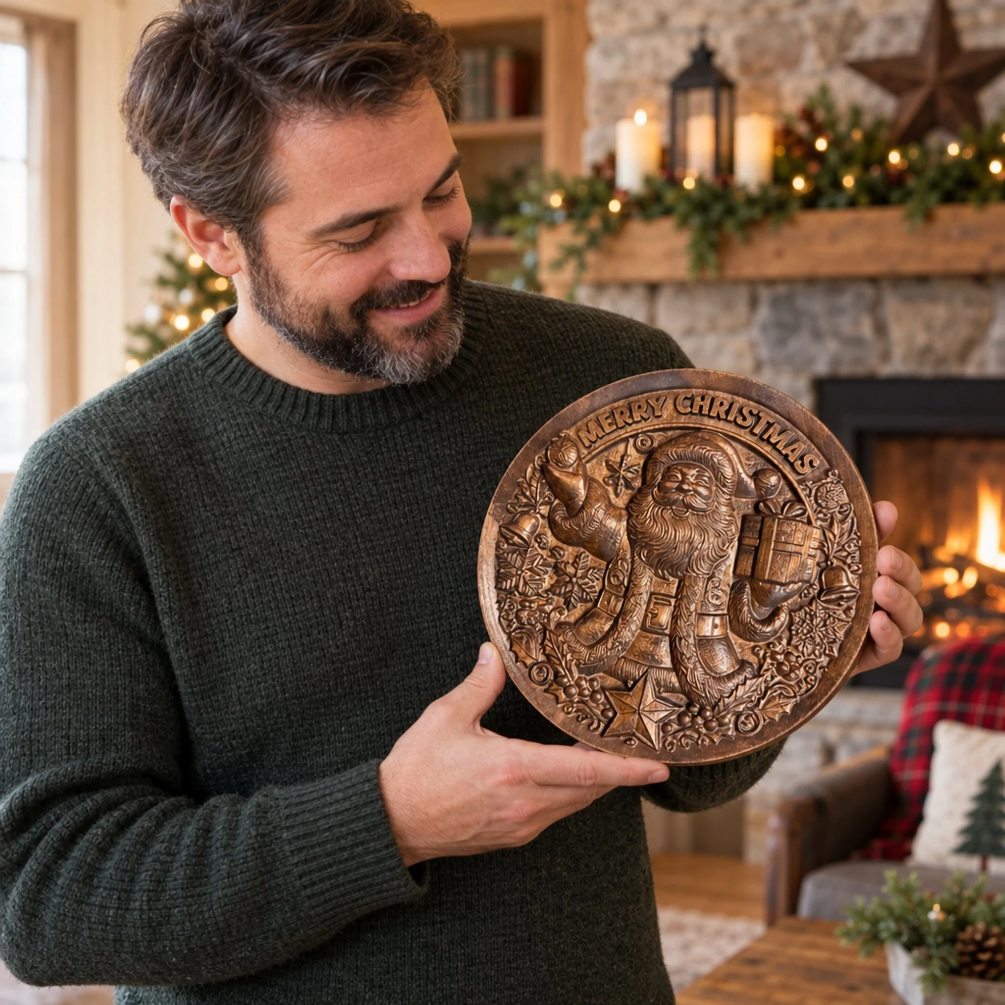 Person holding the round carved Santa with gift Christmas plaque
