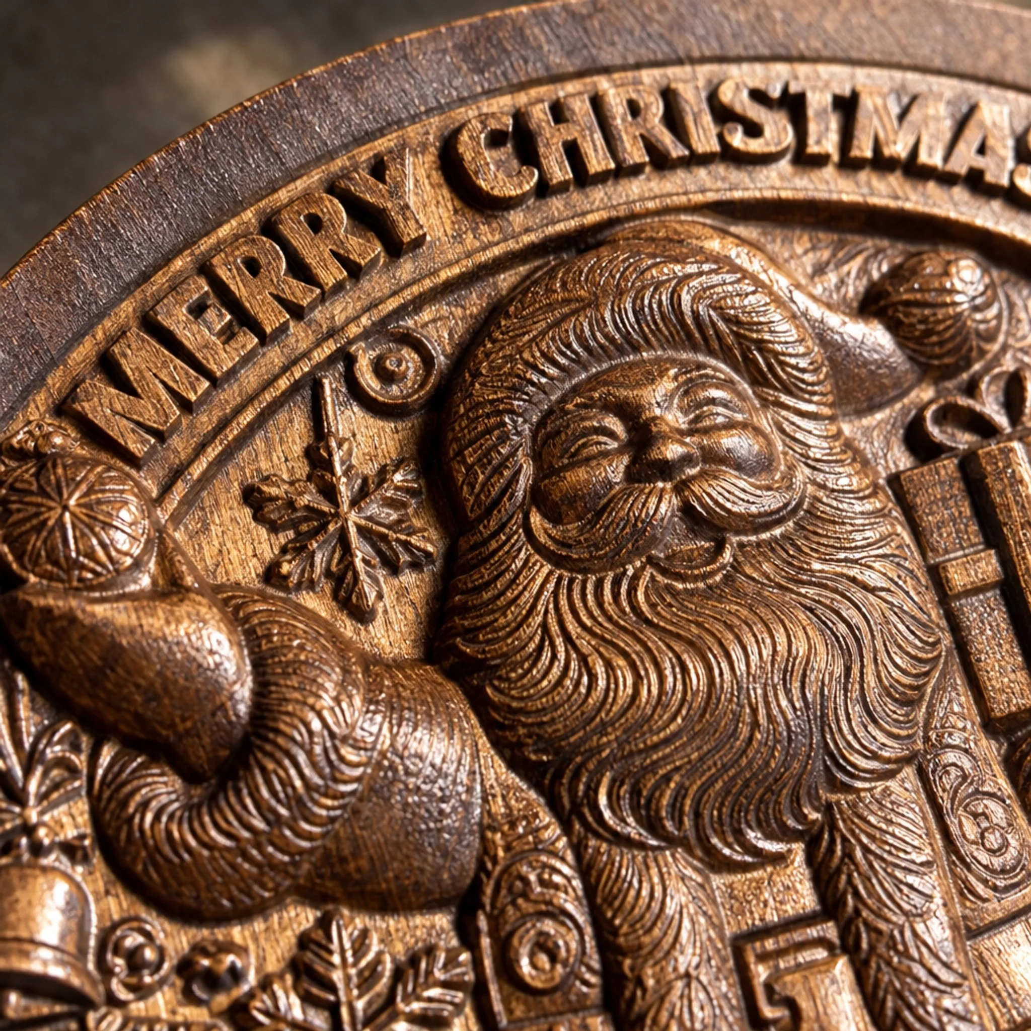 Close-up of the Santa carving, wood grain and Merry Christmas lettering