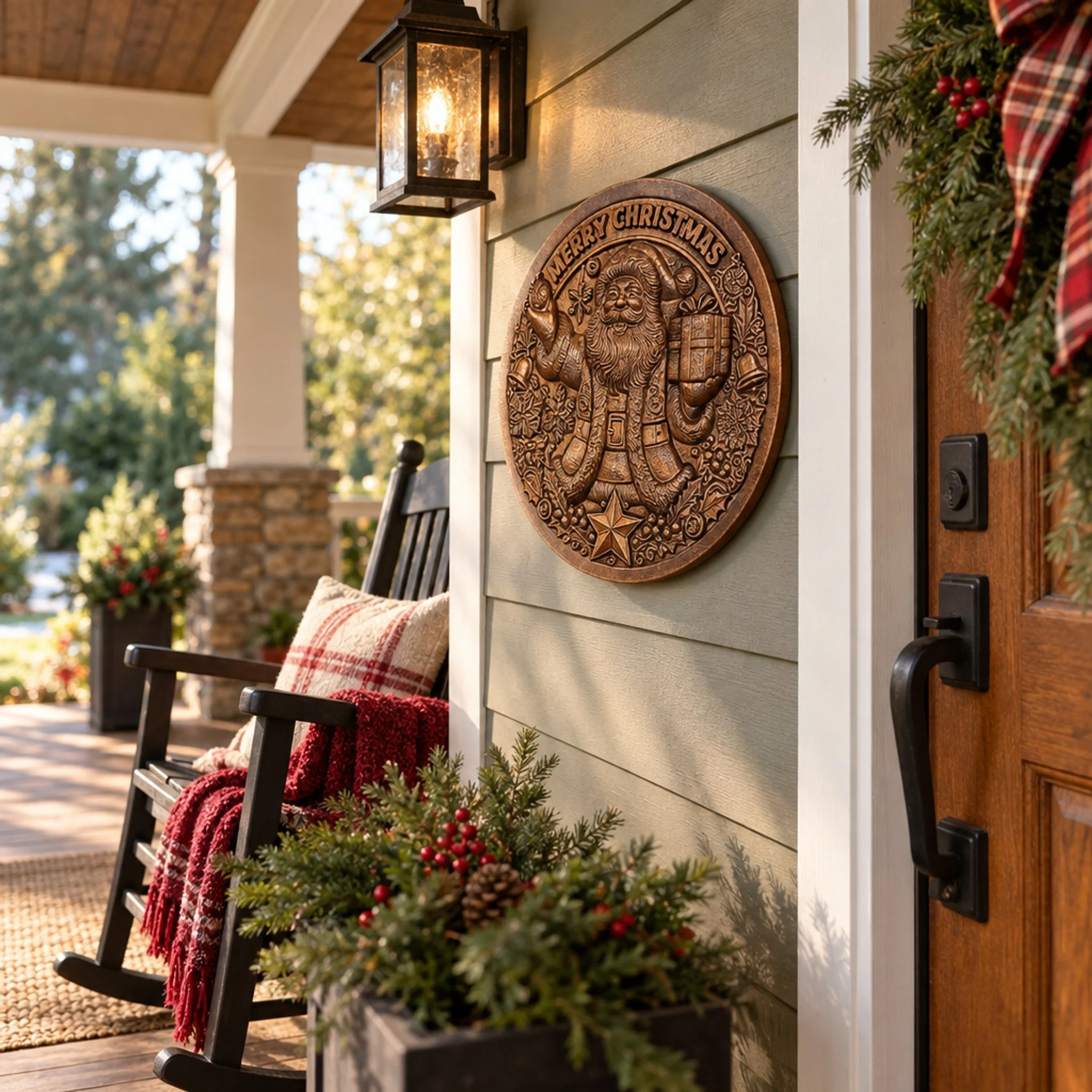 Santa Christmas plaque on a porch wall beside a rocking chair and greenery