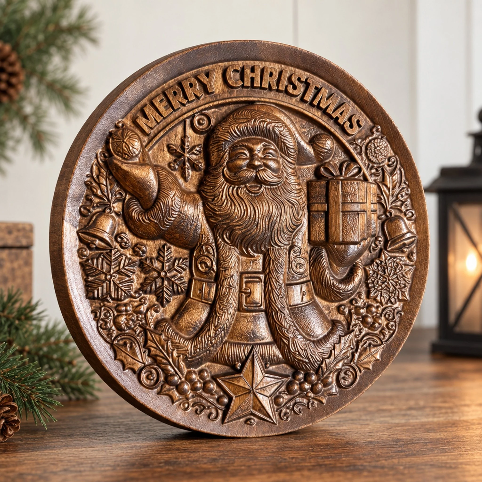 Dark walnut carved maple Merry Christmas Santa plaque with wrapped gift, bells, snowflakes and holly