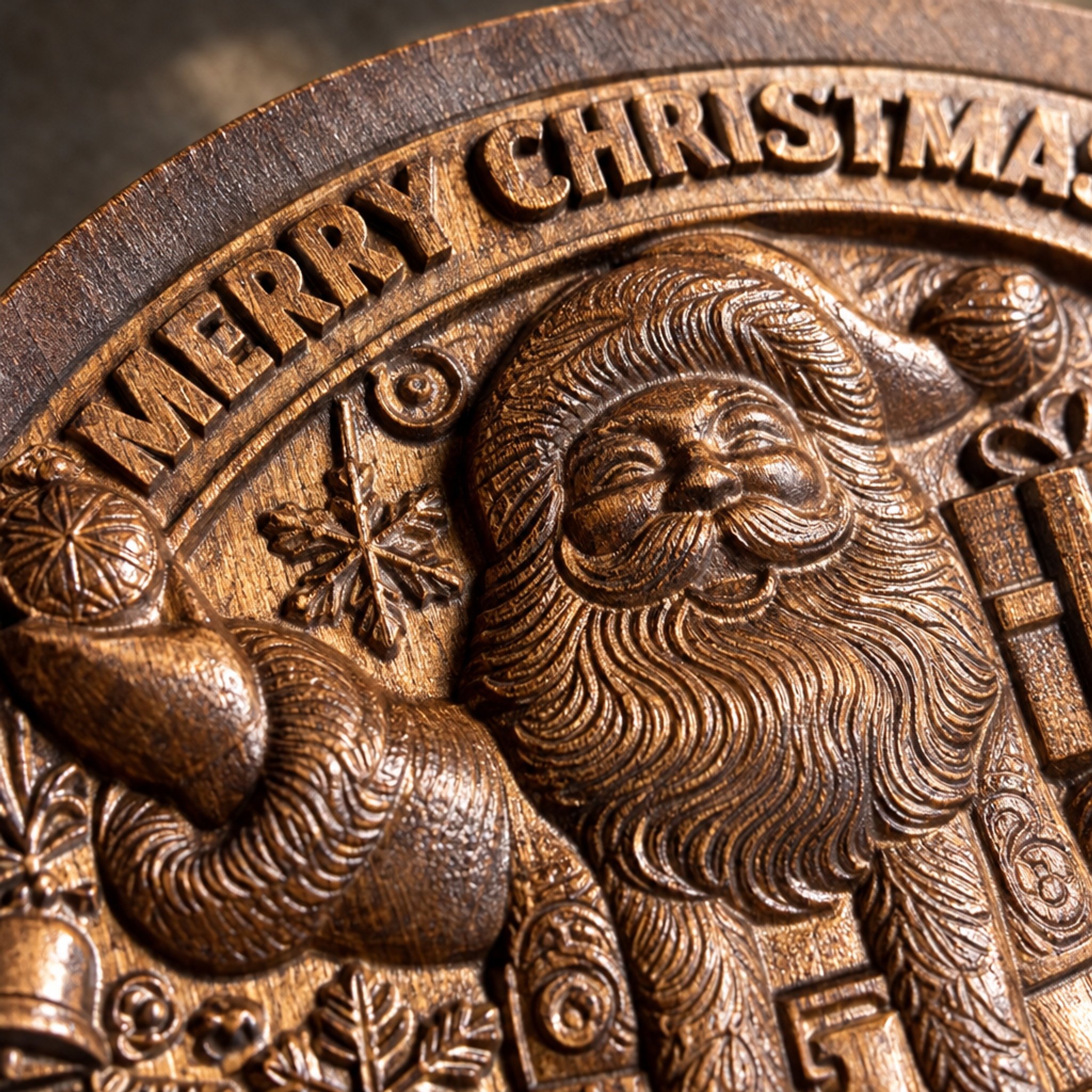 Close-up of the Santa carving, wood grain and Merry Christmas lettering
