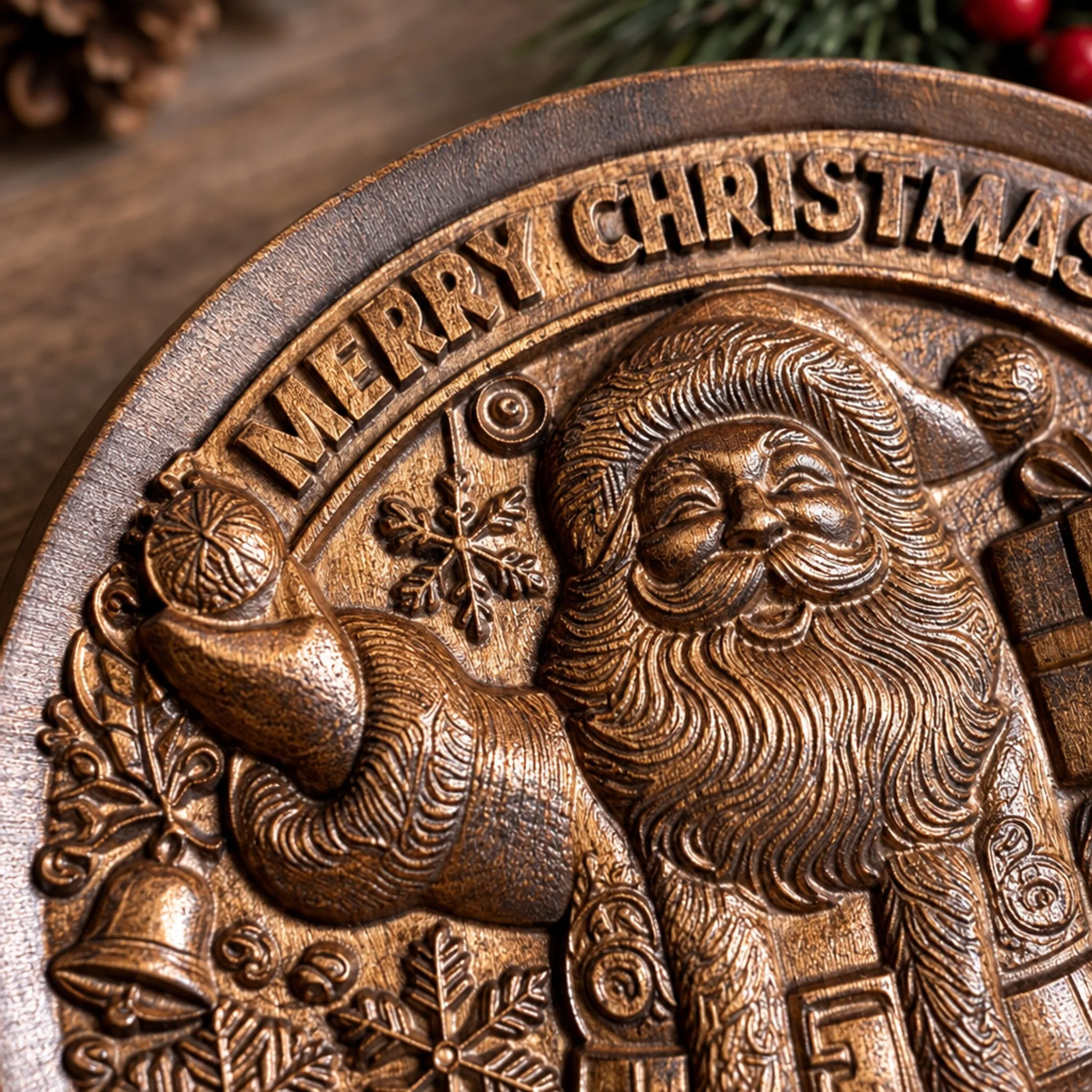Close-up of Santa face and Merry Christmas lettering carved in dark walnut wood