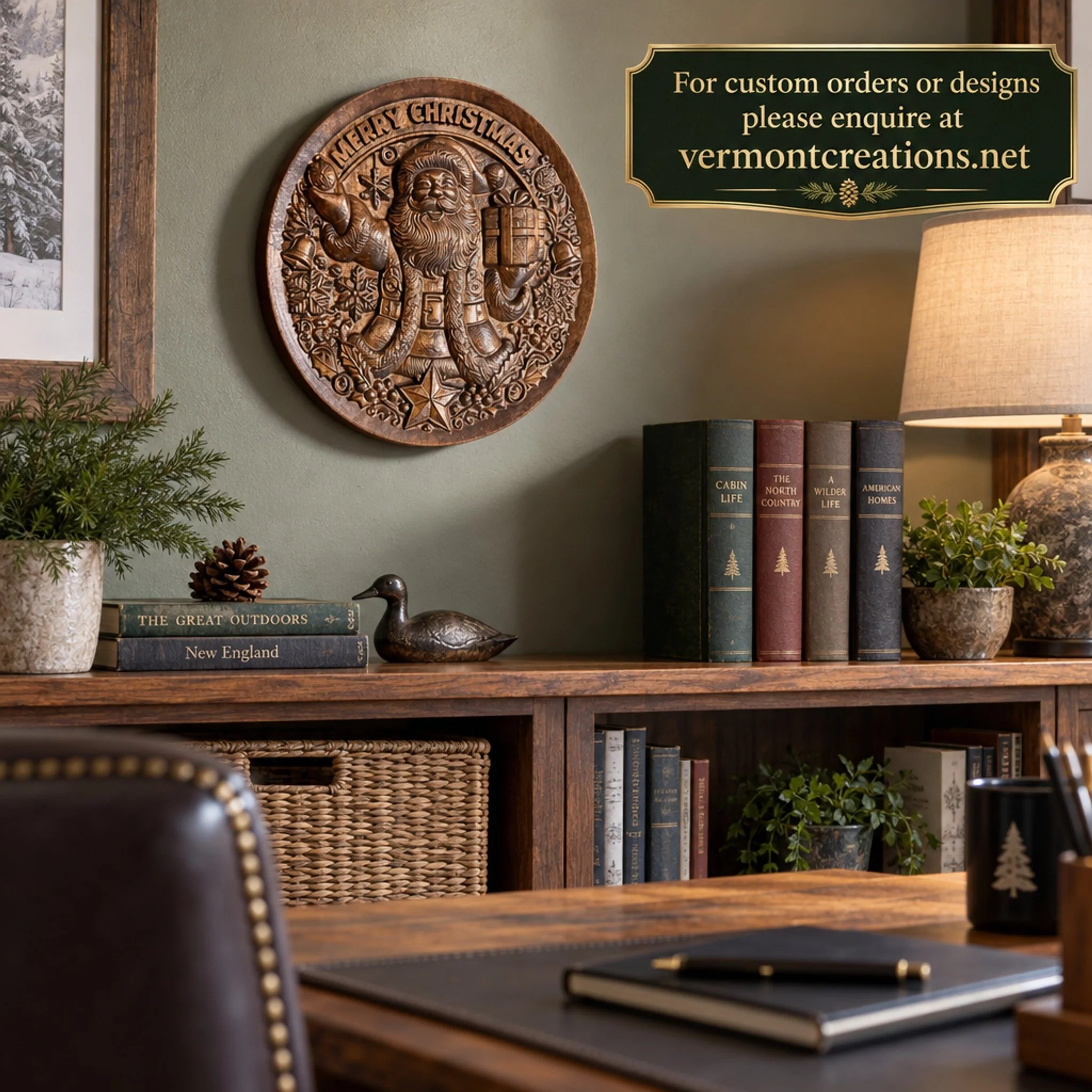 Santa Christmas plaque above a study desk with books and a custom-orders notice