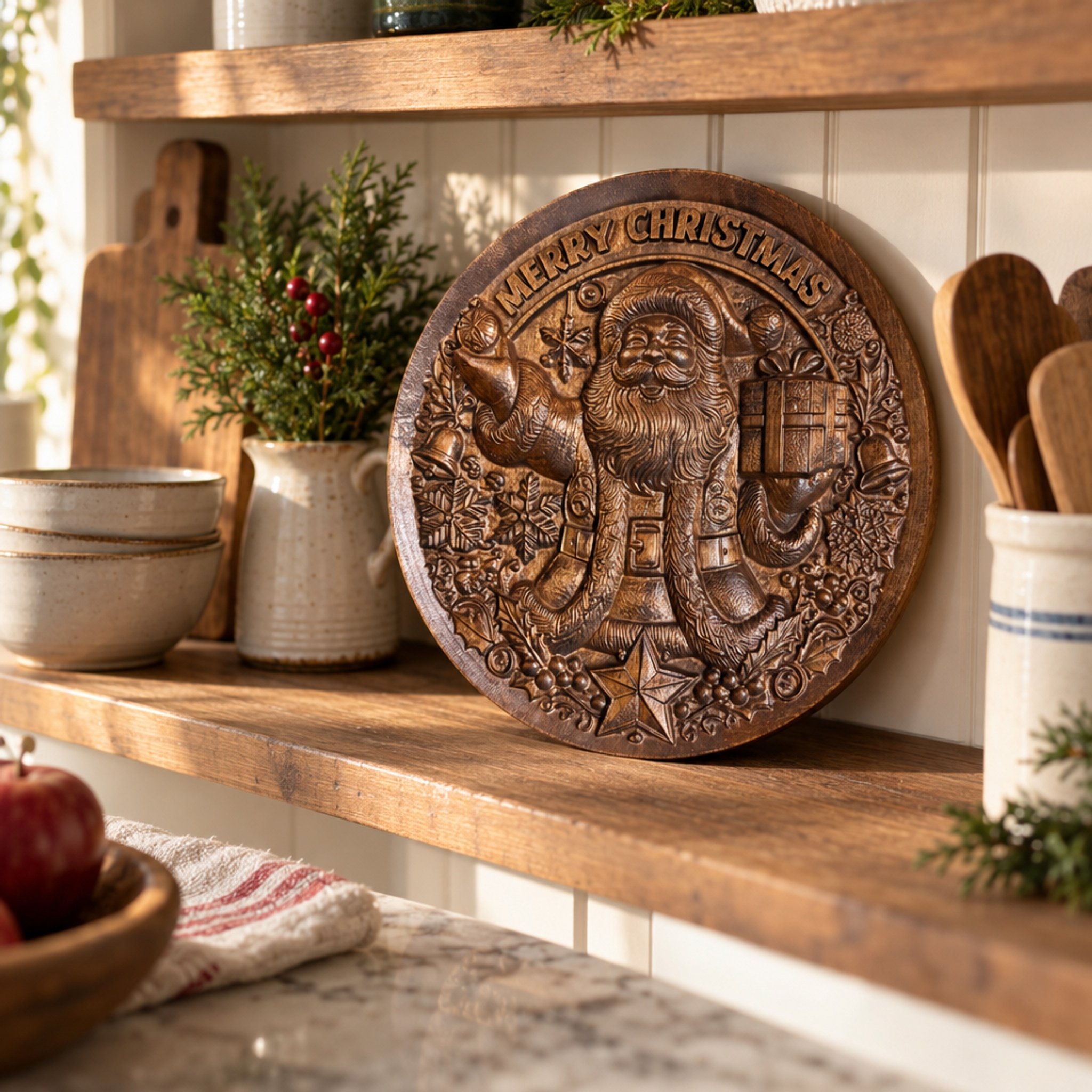 Carved Santa Christmas plaque on a kitchen shelf with greenery and dishes