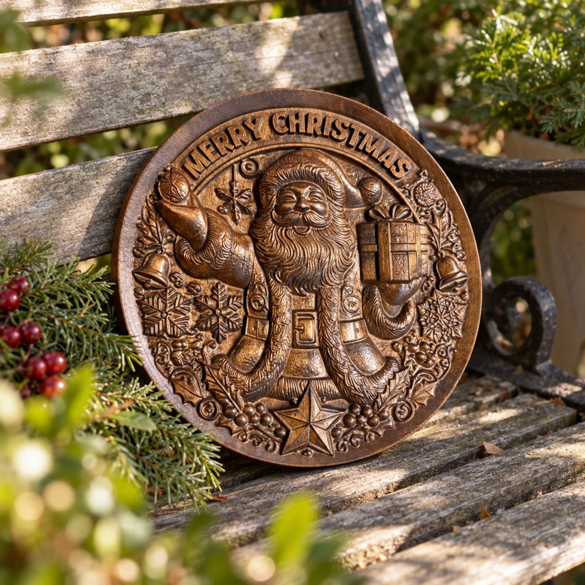 Carved Santa with gift plaque resting on an outdoor bench with holiday greenery