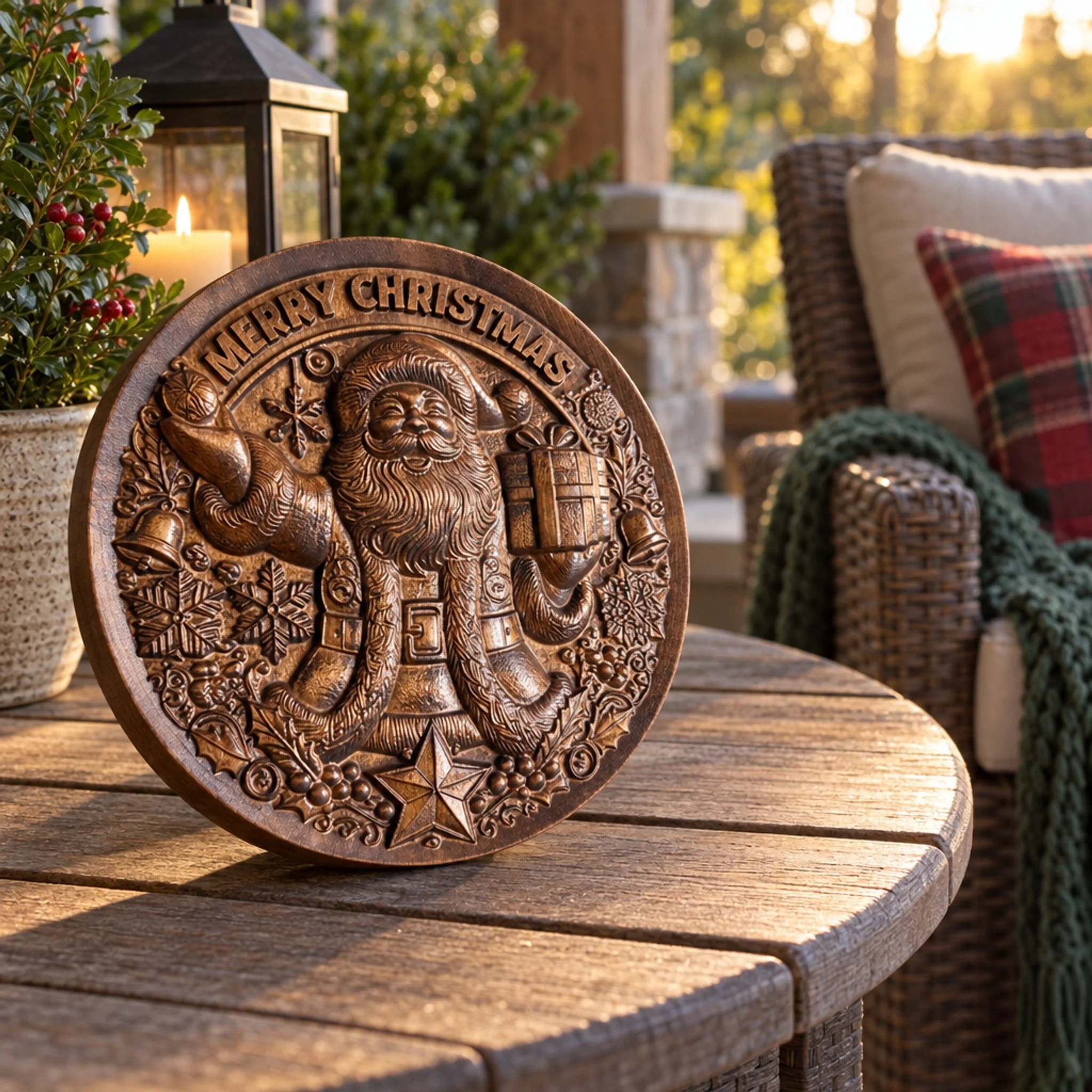 Carved Santa with gift Christmas plaque on a patio table beside a candle lantern