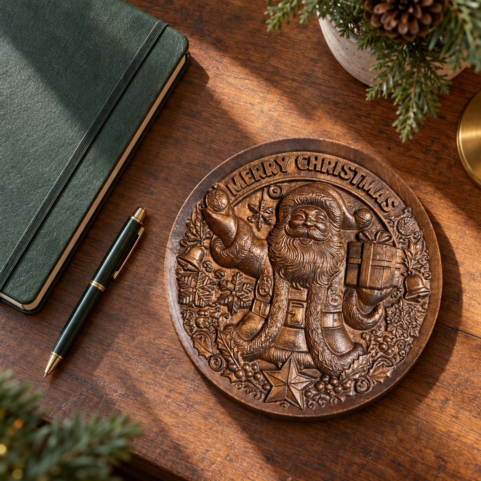Overhead view of Santa Christmas plaque on a wooden desk beside a notebook and pen
