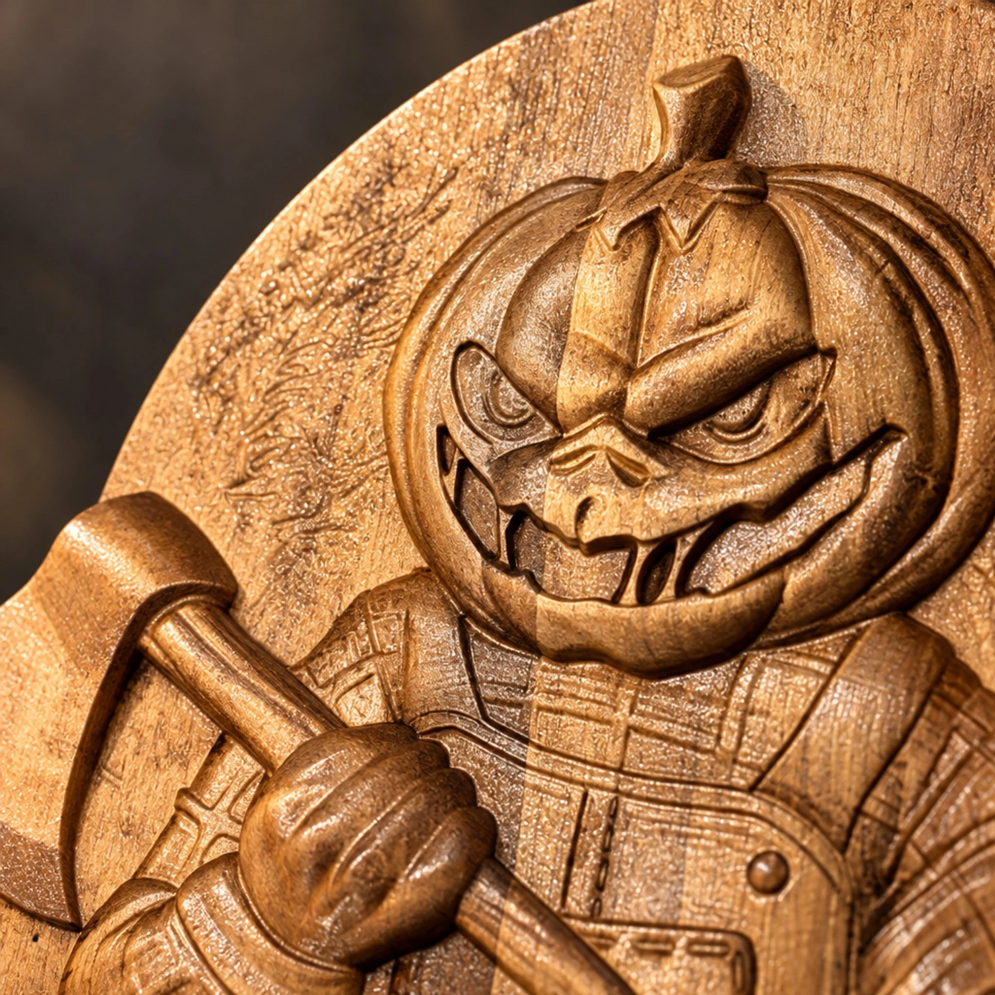 Close-up of the grinning pumpkin face and axe on the carved maple plaque.