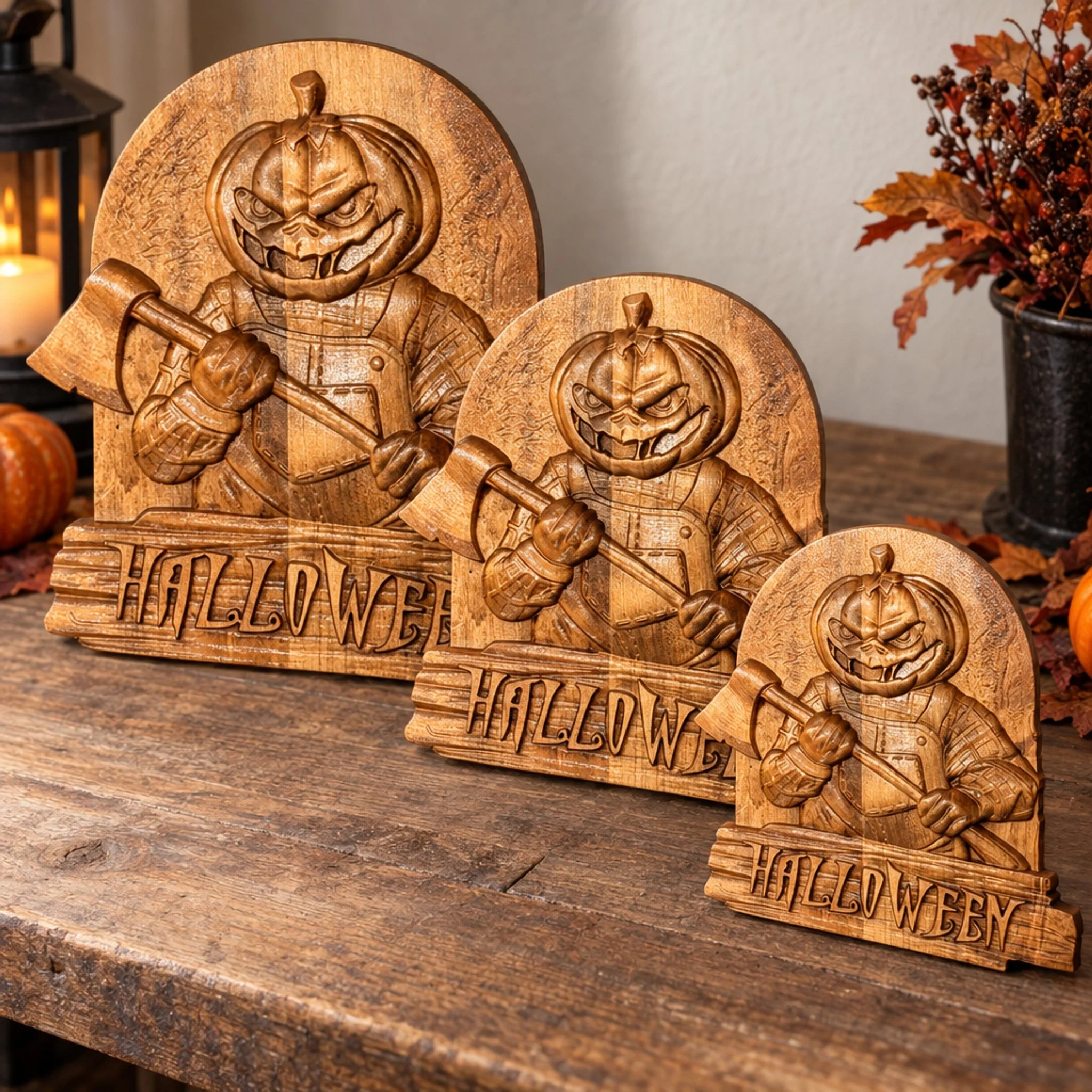 Three pumpkin-and-axe Halloween plaques of different sizes displayed together on a table.