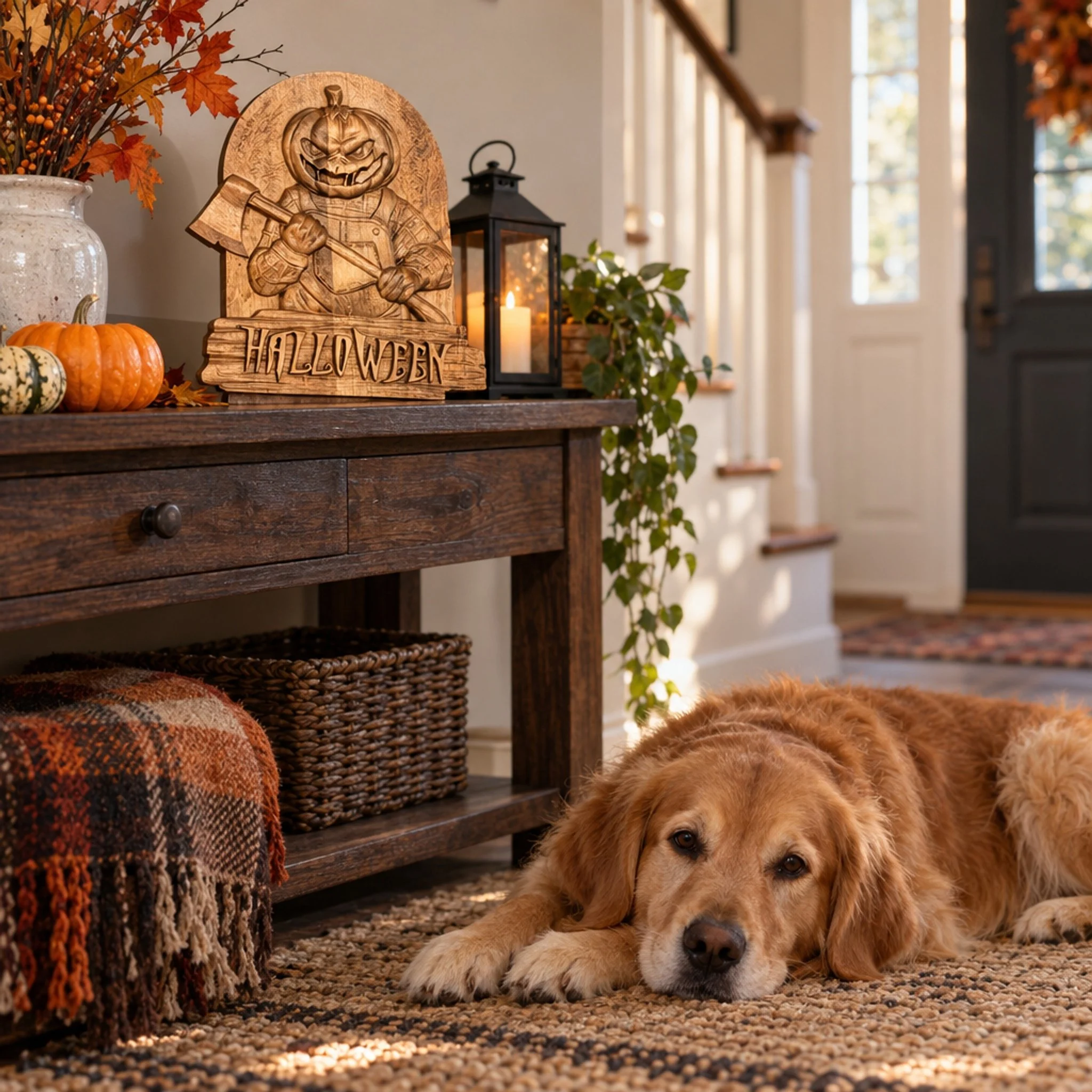 Halloween plaque displayed on an entryway console beside pumpkins and a lantern, with a dog in front.