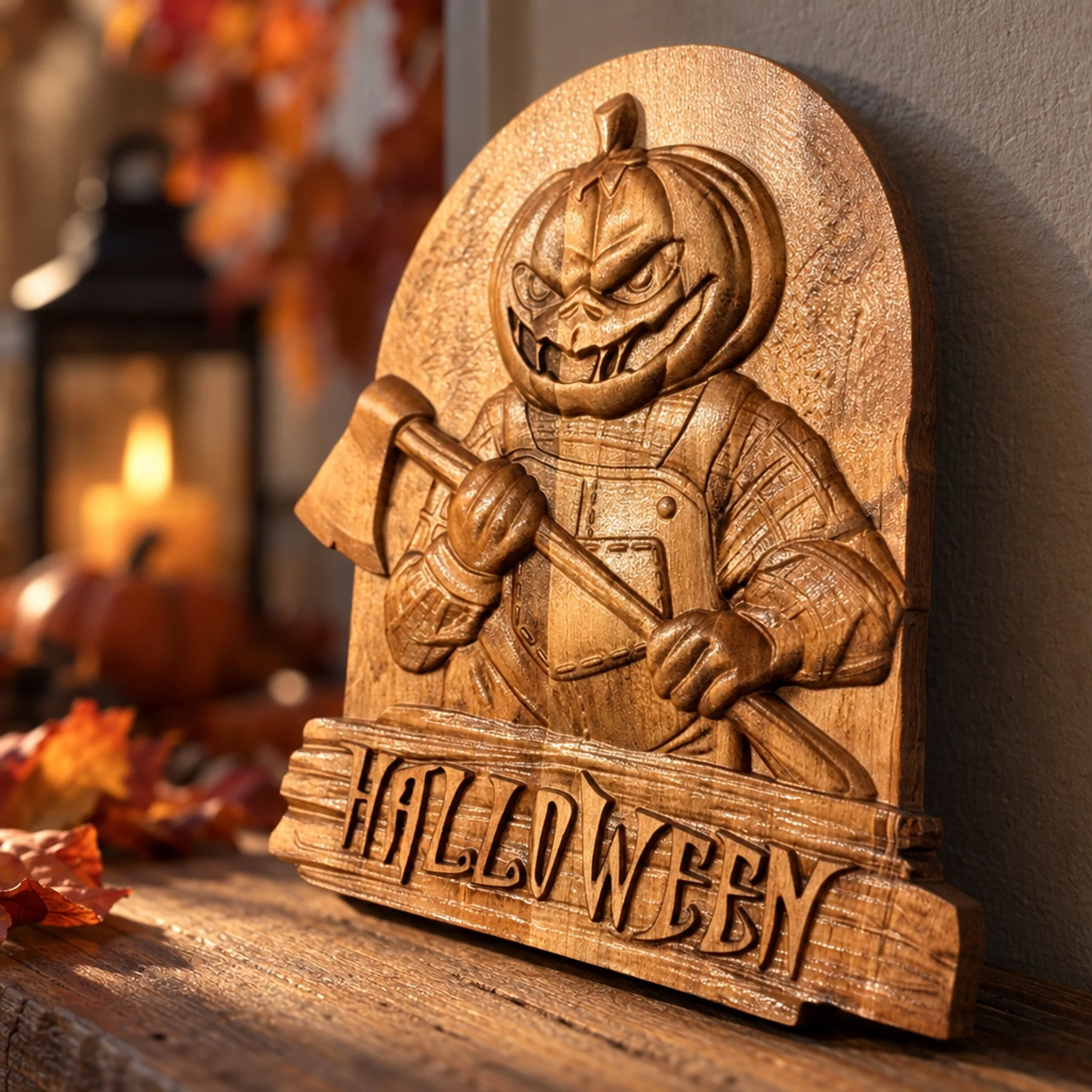 Side-angle view of the wooden Halloween plaque showing its raised pumpkin face, axe and carved banner.