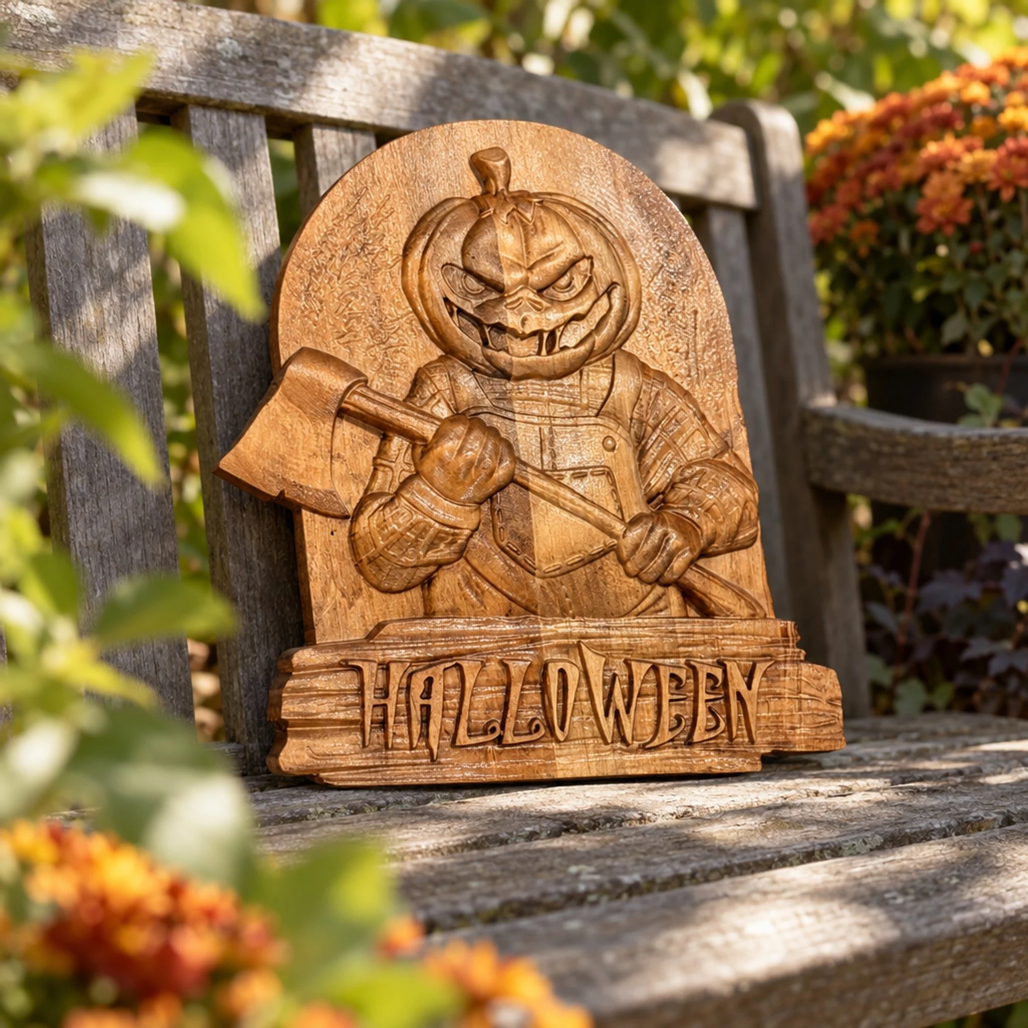 Carved Halloween plaque resting on a garden bench among fall flowers.