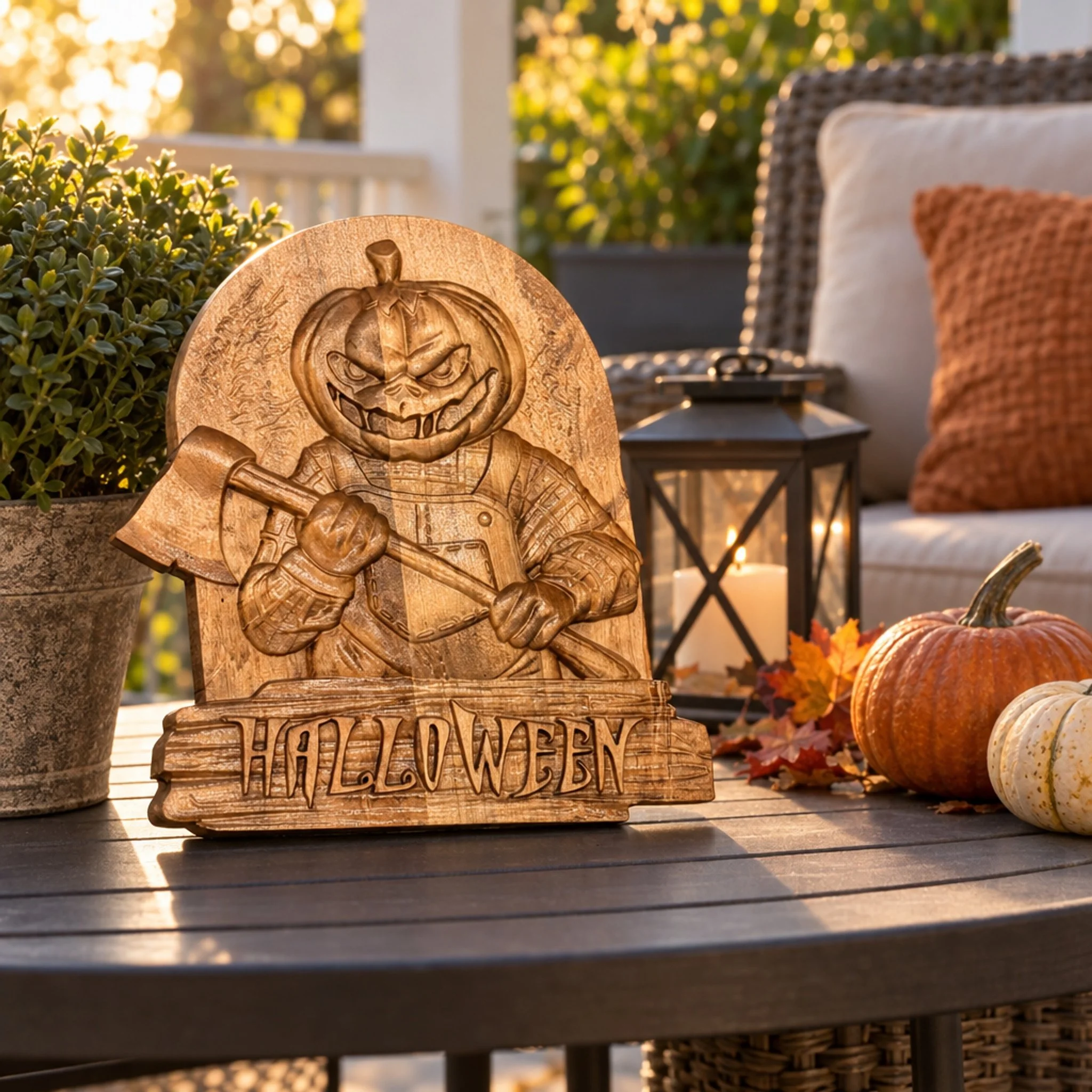 Pumpkin-and-axe Halloween plaque on an outdoor table beside pumpkins and a lantern.