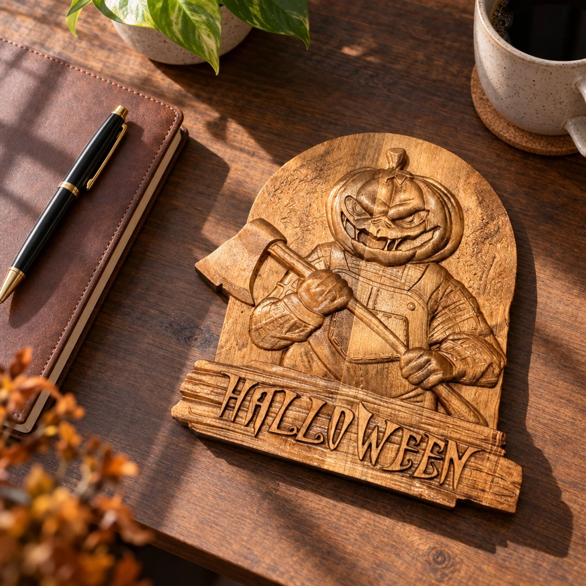 Overhead view of the wooden Halloween plaque beside a notebook and coffee cup.
