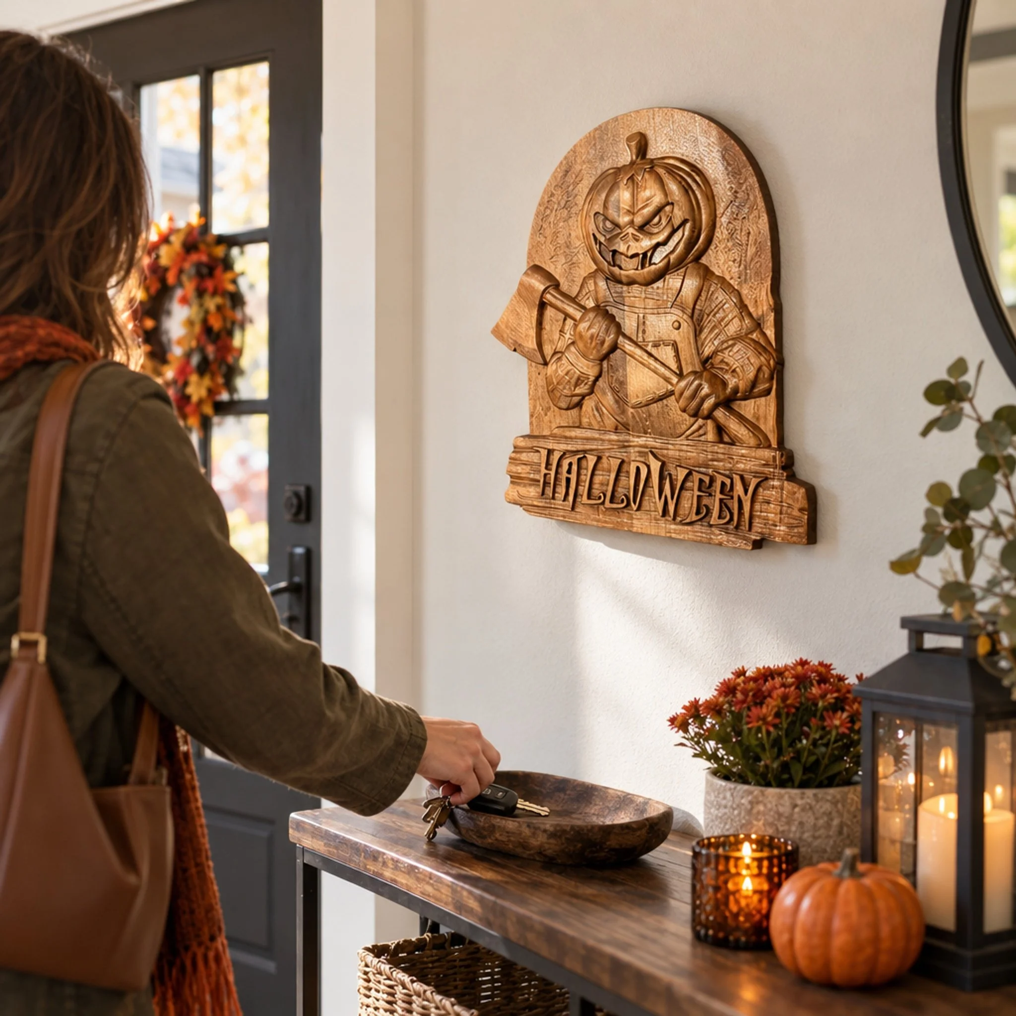 Pumpkin-and-axe Halloween plaque displayed on an entryway wall beside autumn decor.