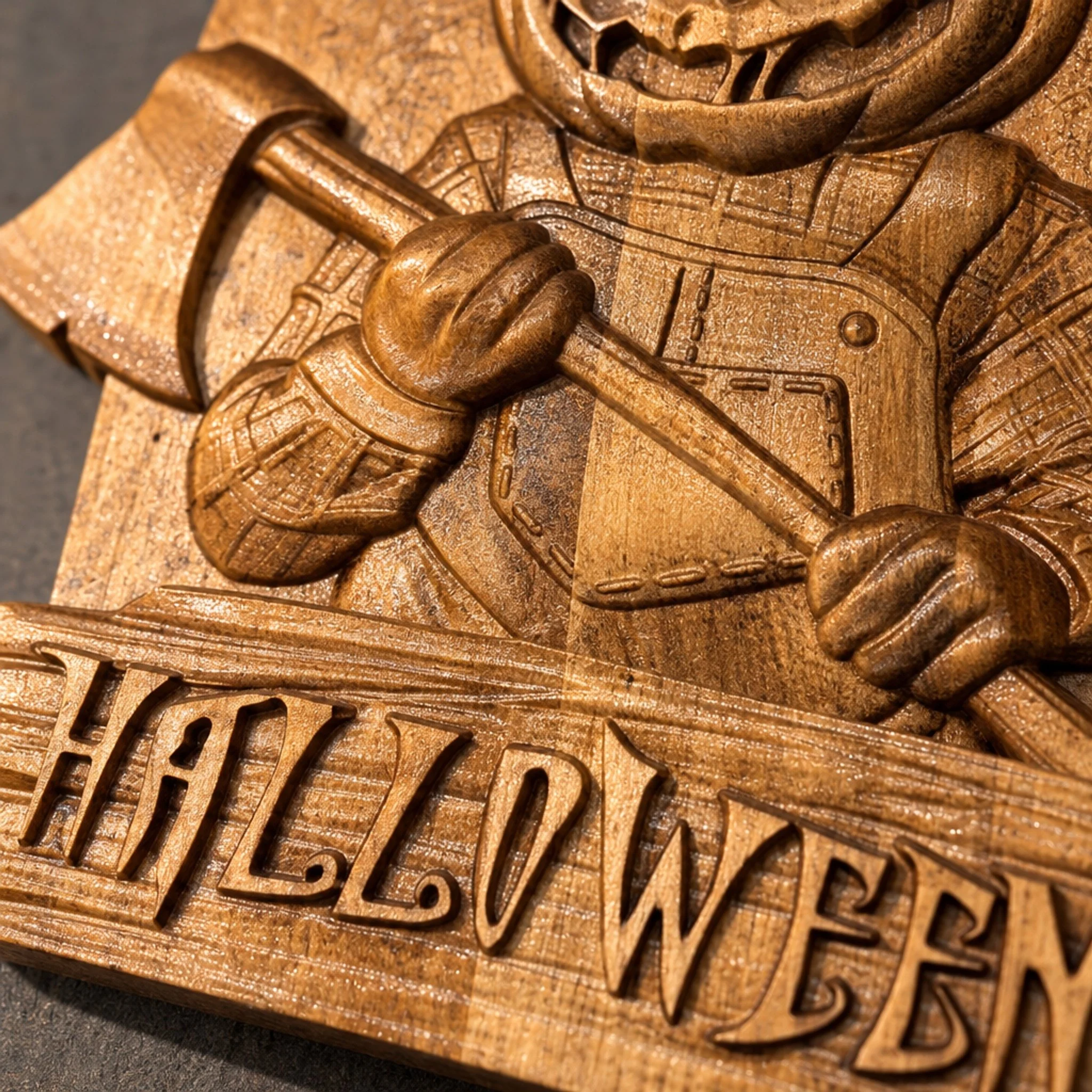 Close-up of the carved axe, hands, apron and HALLOWEEN lettering on the wooden plaque.