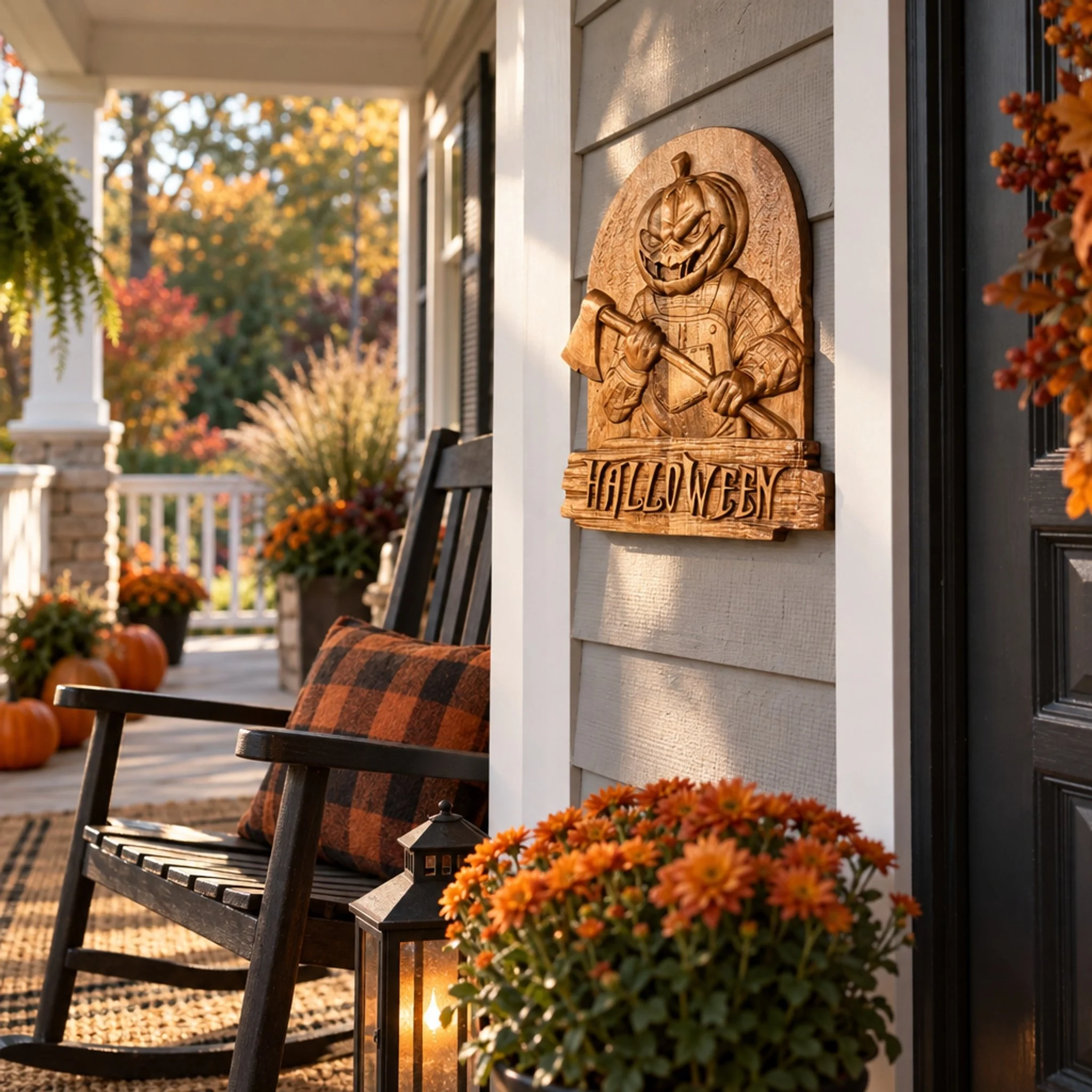 Carved Halloween plaque displayed on a front porch wall beside a rocking chair and fall flowers.