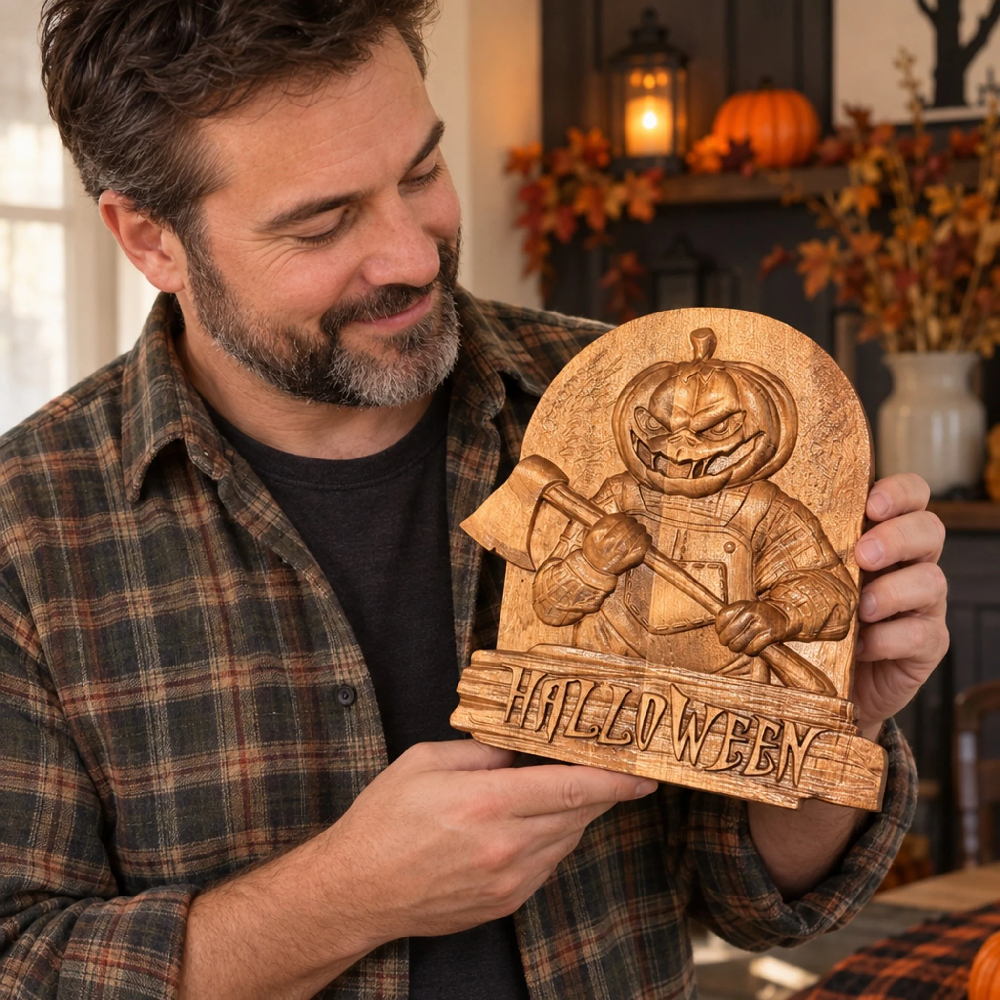 Person holding the carved pumpkin-and-axe Halloween plaque in an autumn-decorated room.