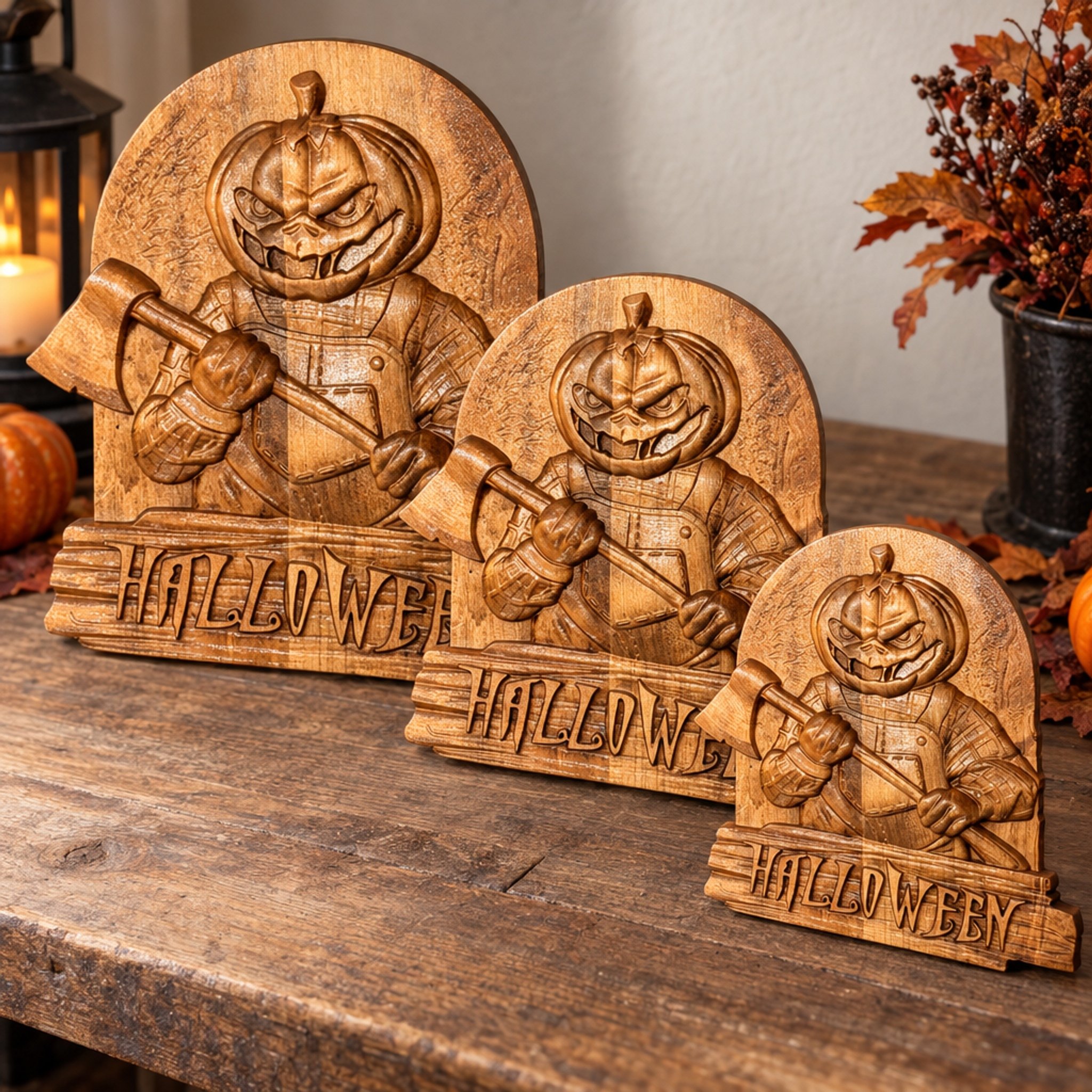 Three pumpkin-and-axe Halloween plaques of different sizes displayed together on a table.