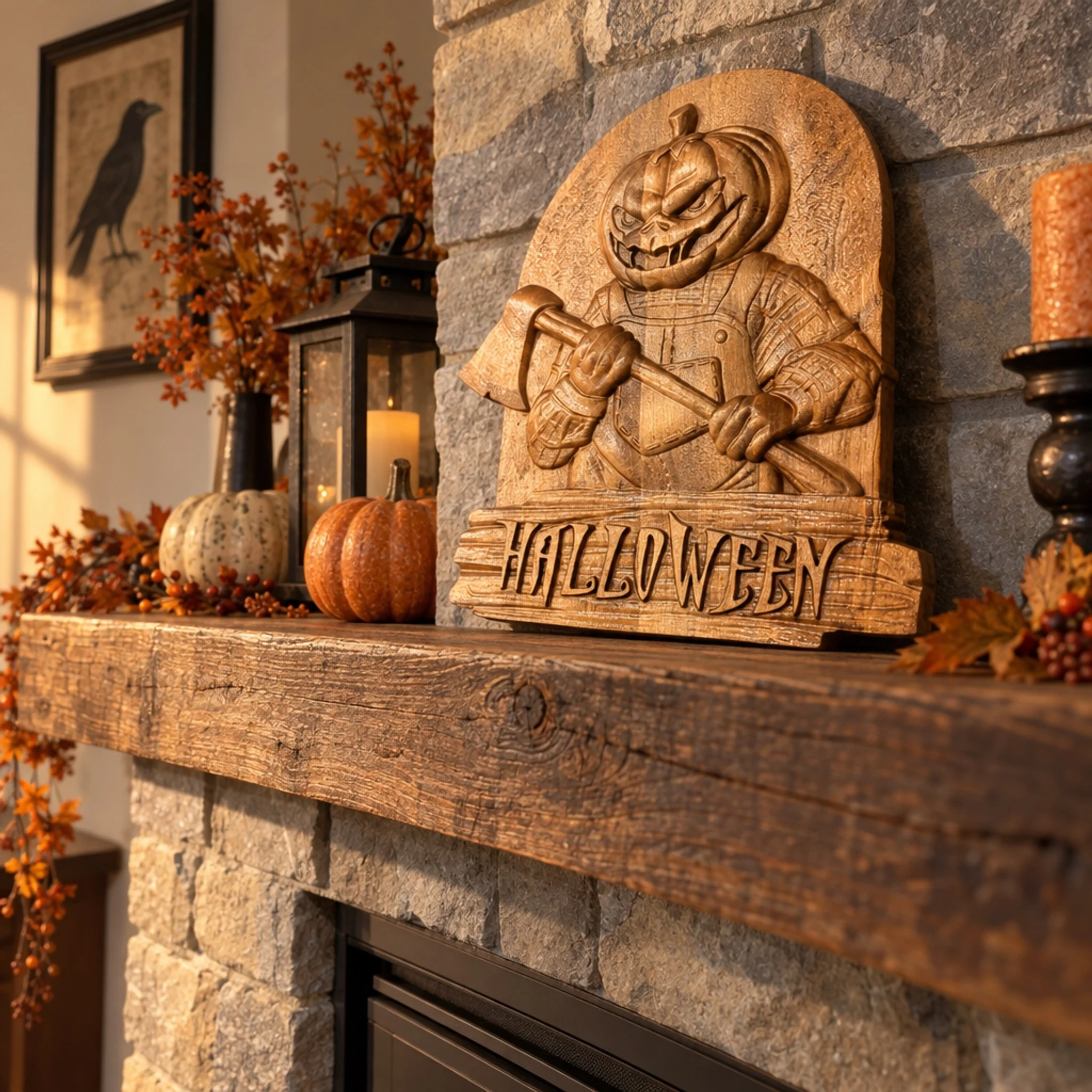 Carved Halloween plaque displayed on a stone fireplace mantel with pumpkins and a lantern.
