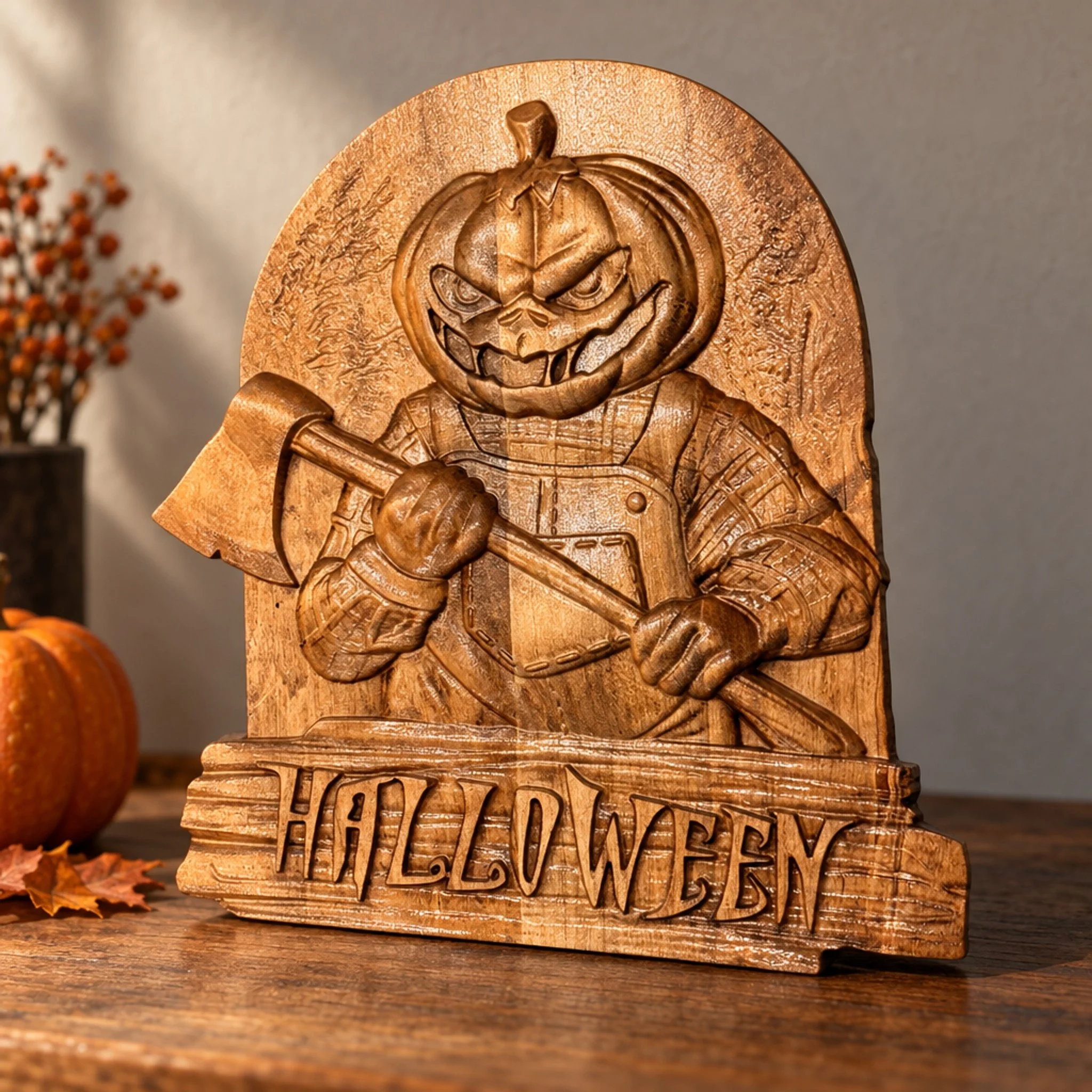 Carved maple Halloween plaque with a grinning jack-o'-lantern figure holding an axe above a HALLOWEEN banner.