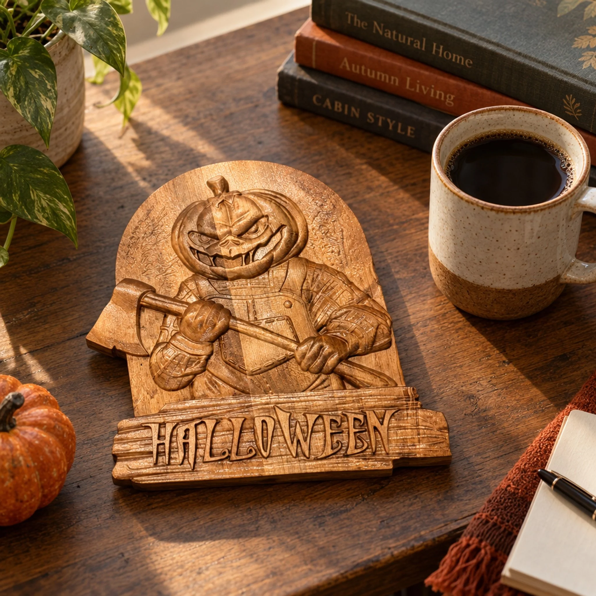 Carved Halloween plaque laid on a wooden desk beside coffee, books and a small pumpkin.