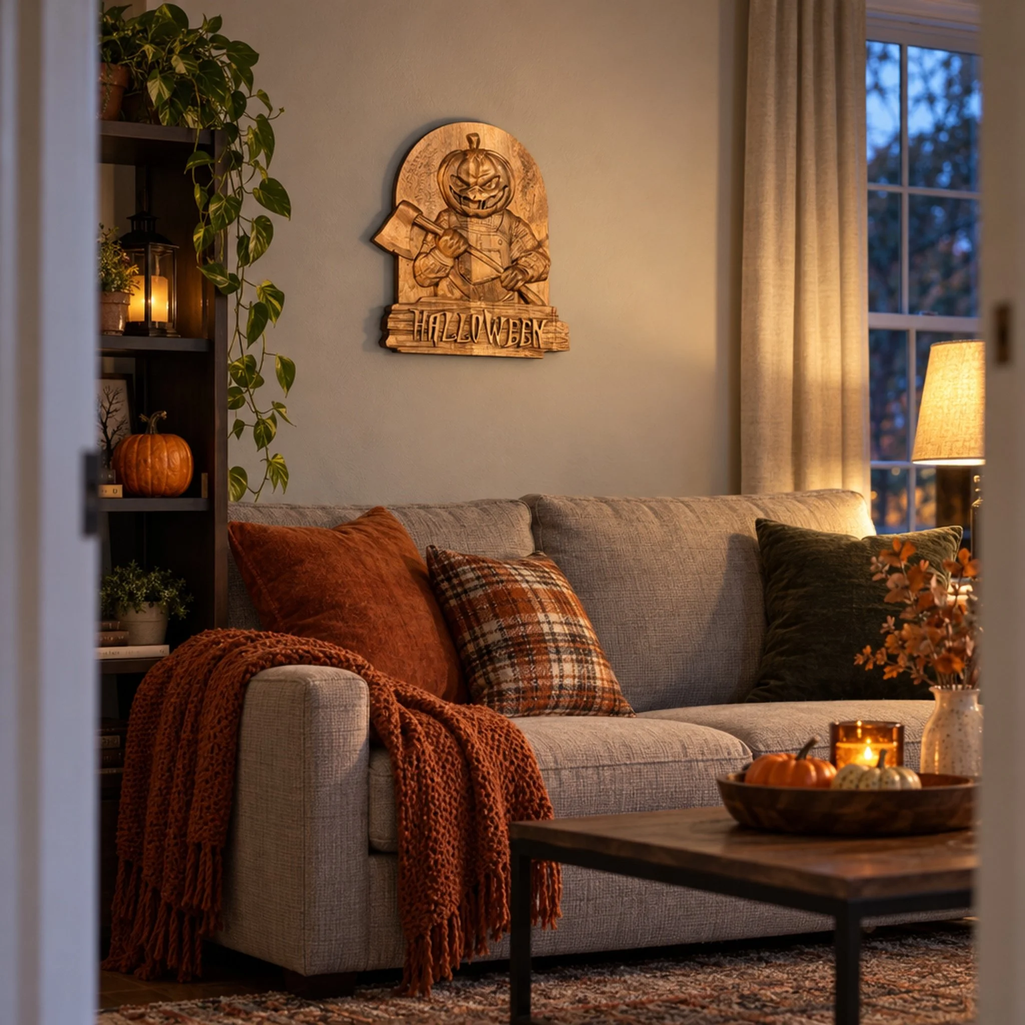 Halloween pumpkin-and-axe plaque mounted above a sofa in an autumn-decorated living room.