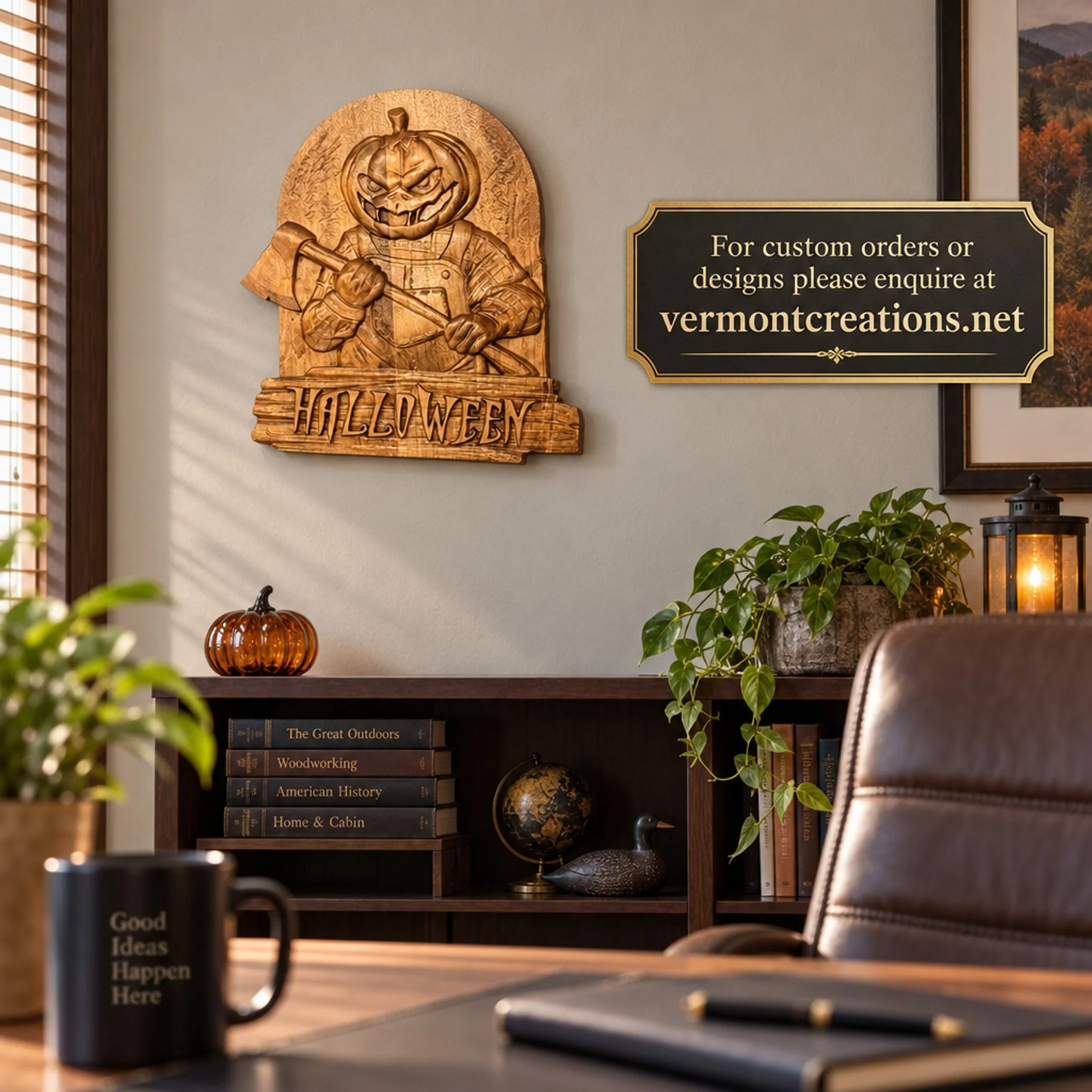 Halloween plaque on an office wall beside a custom-order information graphic.
