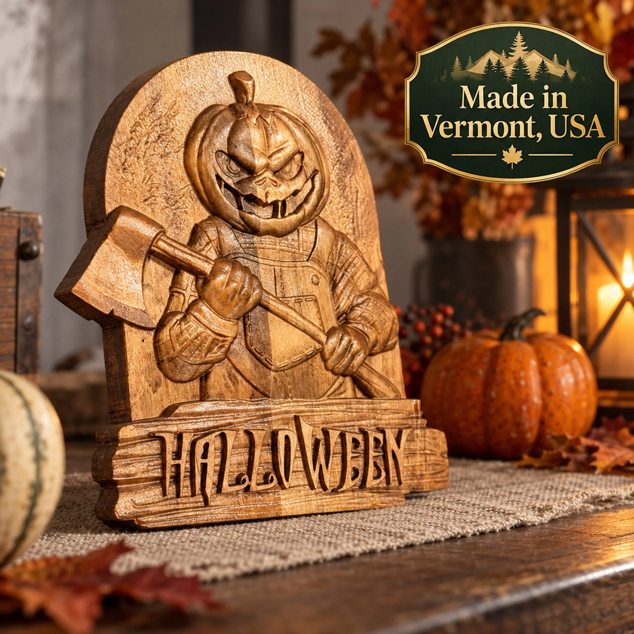 Three-quarter view of the carved pumpkin-and-axe plaque beside autumn pumpkins, with a Made in Vermont, USA graphic.