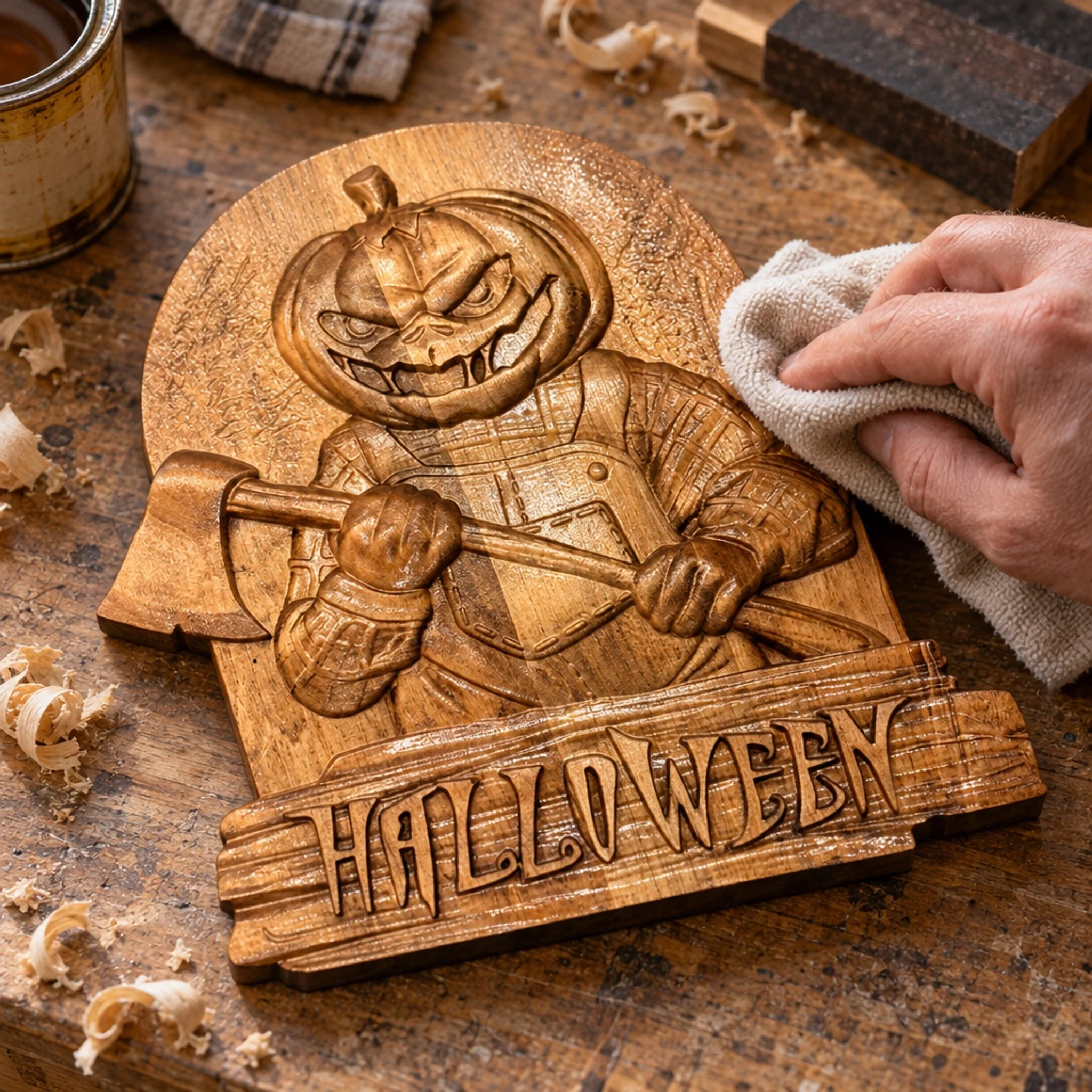 Hand wiping the pumpkin-and-axe wood carving with a cloth on a workbench.