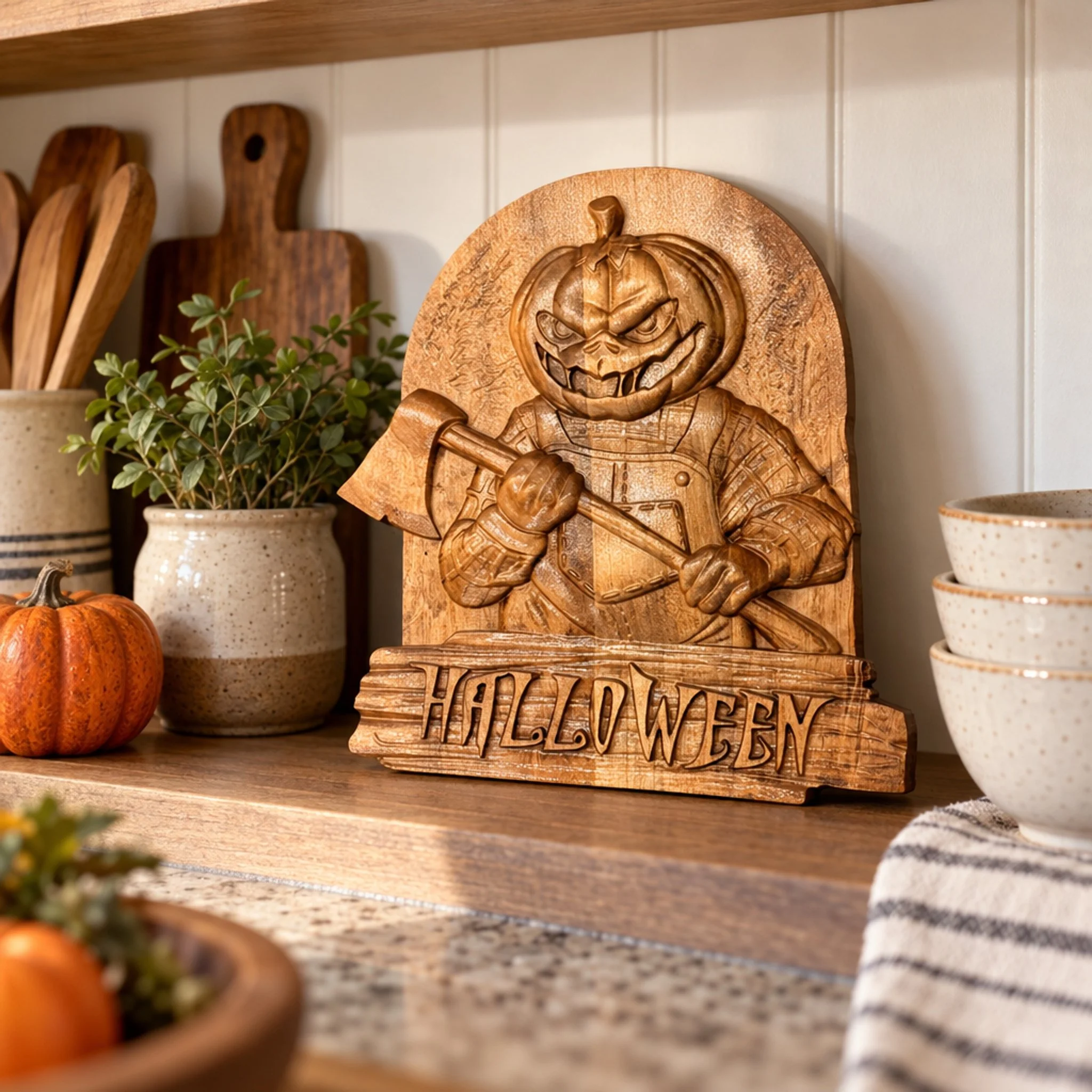 Pumpkin-and-axe maple plaque displayed on a kitchen shelf with a pumpkin and bowls.