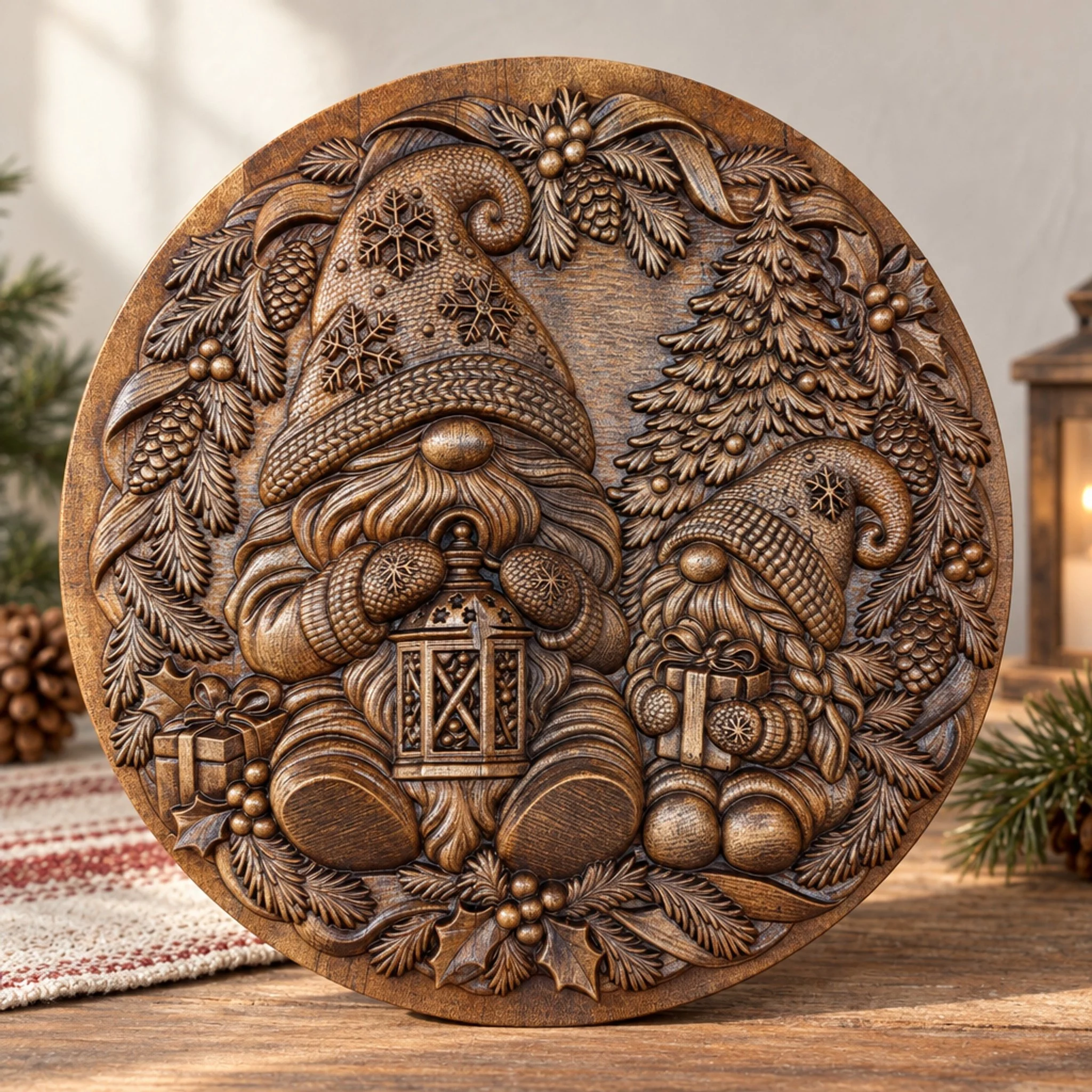 Round carved Christmas gnome plaque with a lantern, gift, evergreen tree, pinecones, and holly