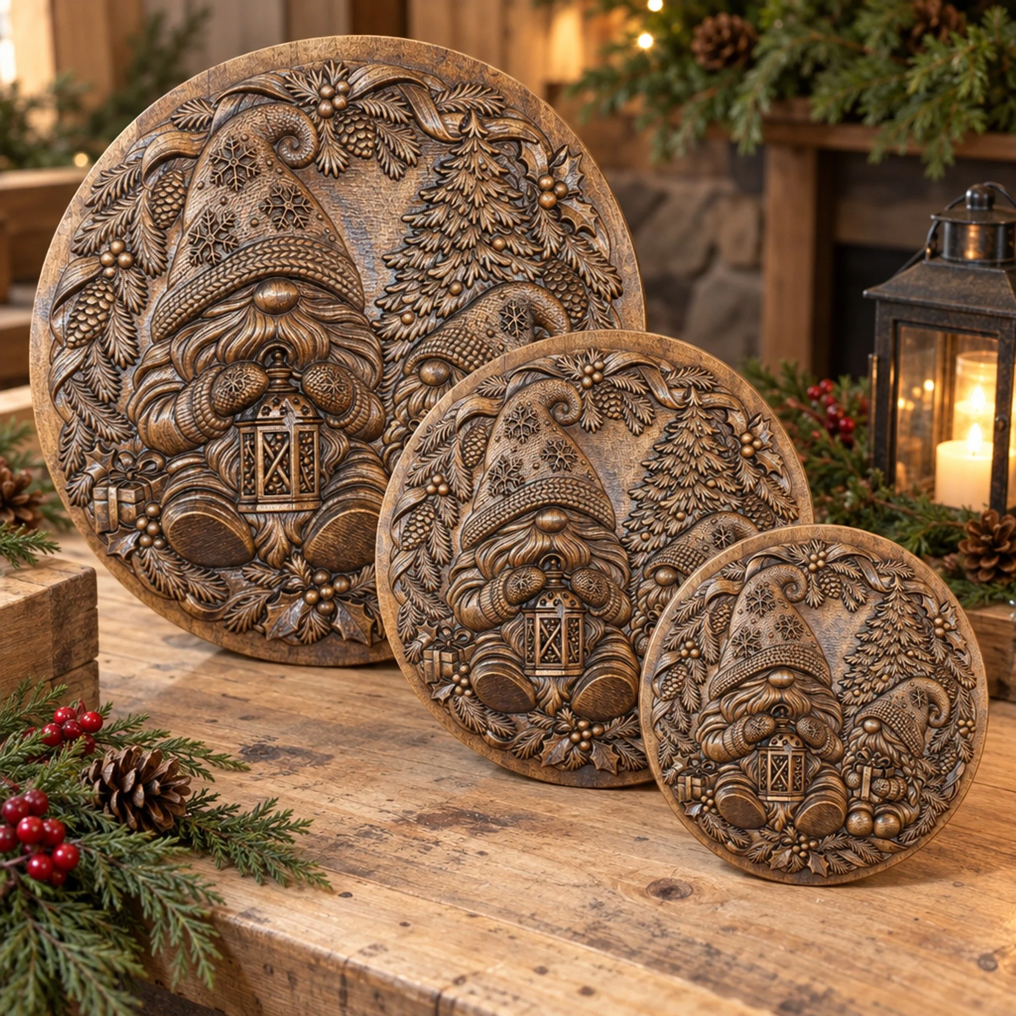 Three sizes of the Christmas gnome plaque displayed together with a lantern