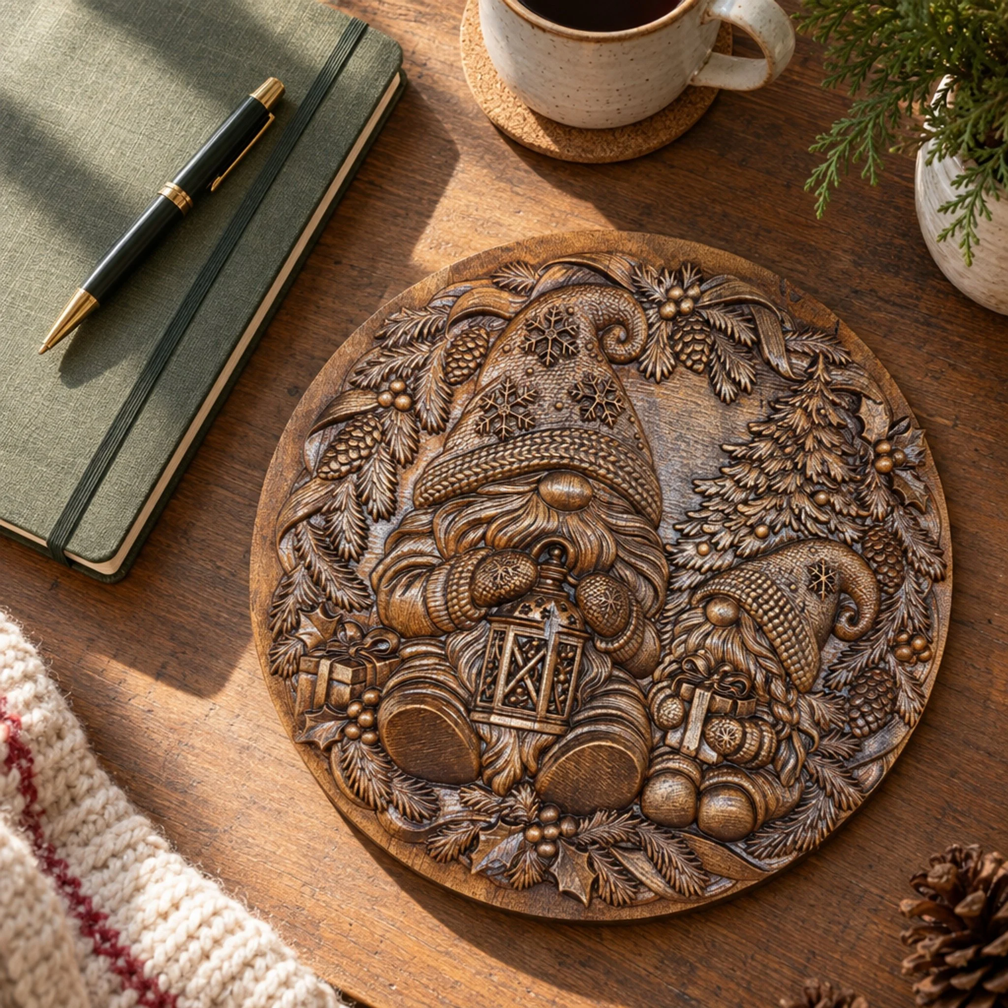 Overhead view of gnome plaque on a desk with notebook, pen, and coffee