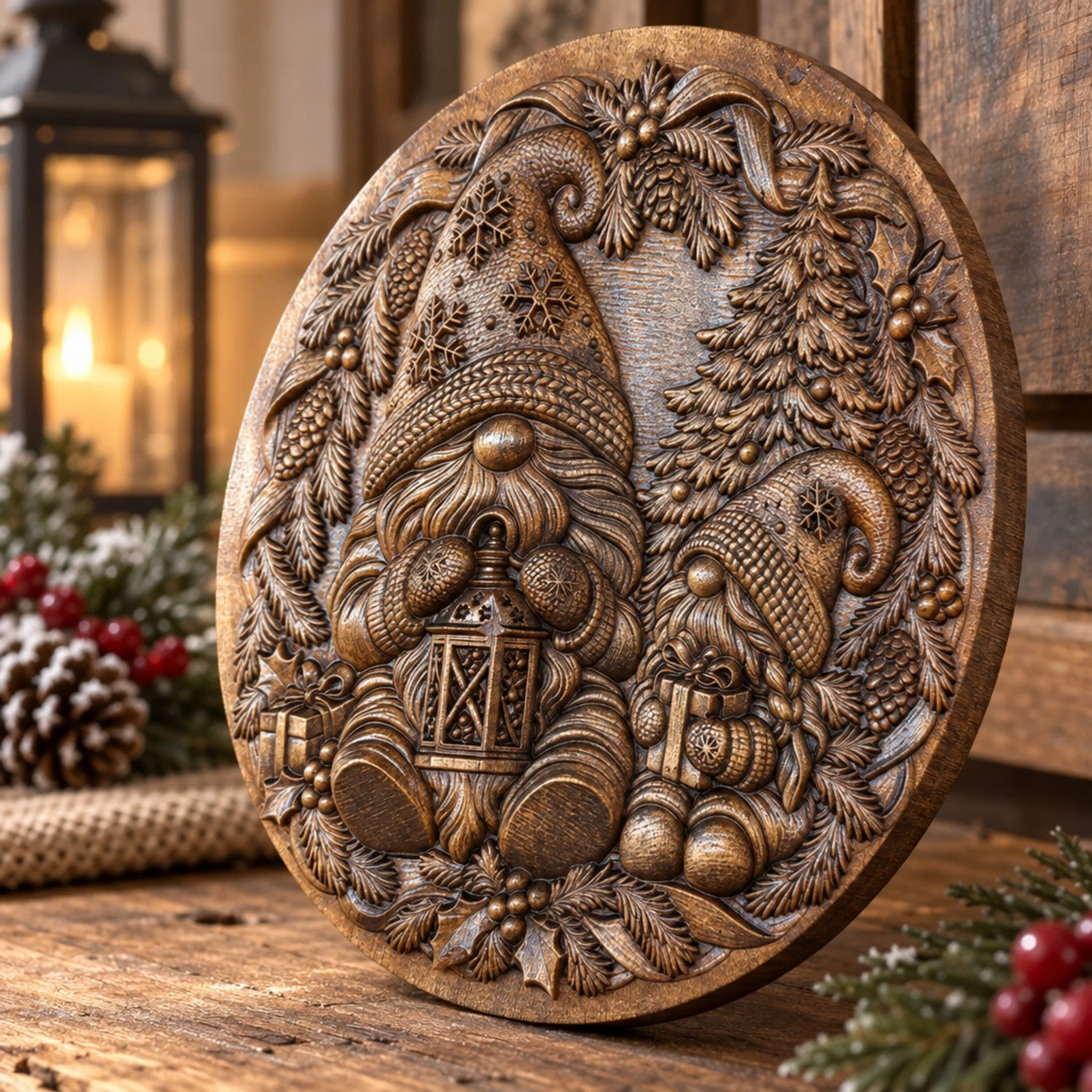 Side view showing the depth of the round Christmas gnome wood plaque