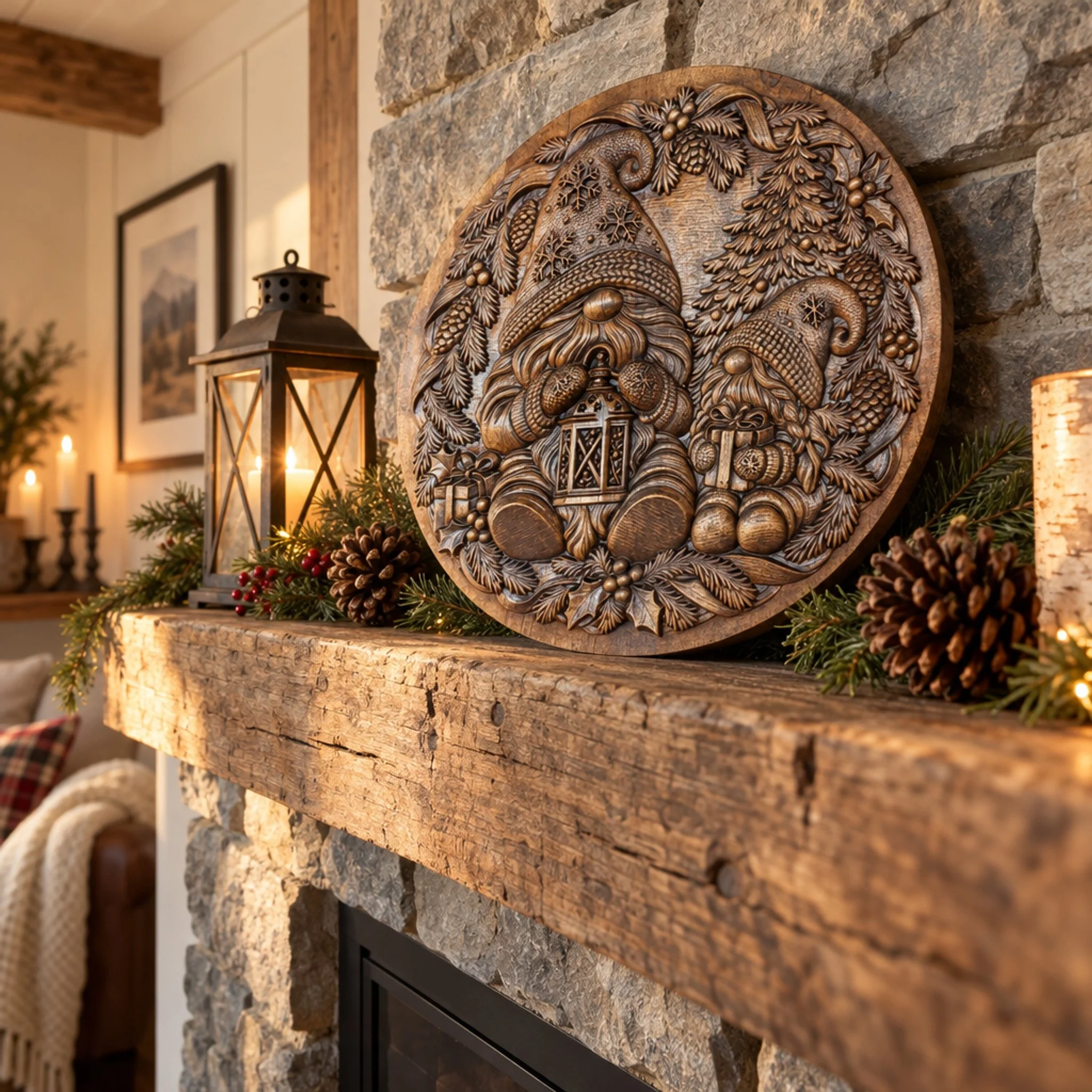 Gnome plaque displayed on a stone fireplace mantel with candles and greenery
